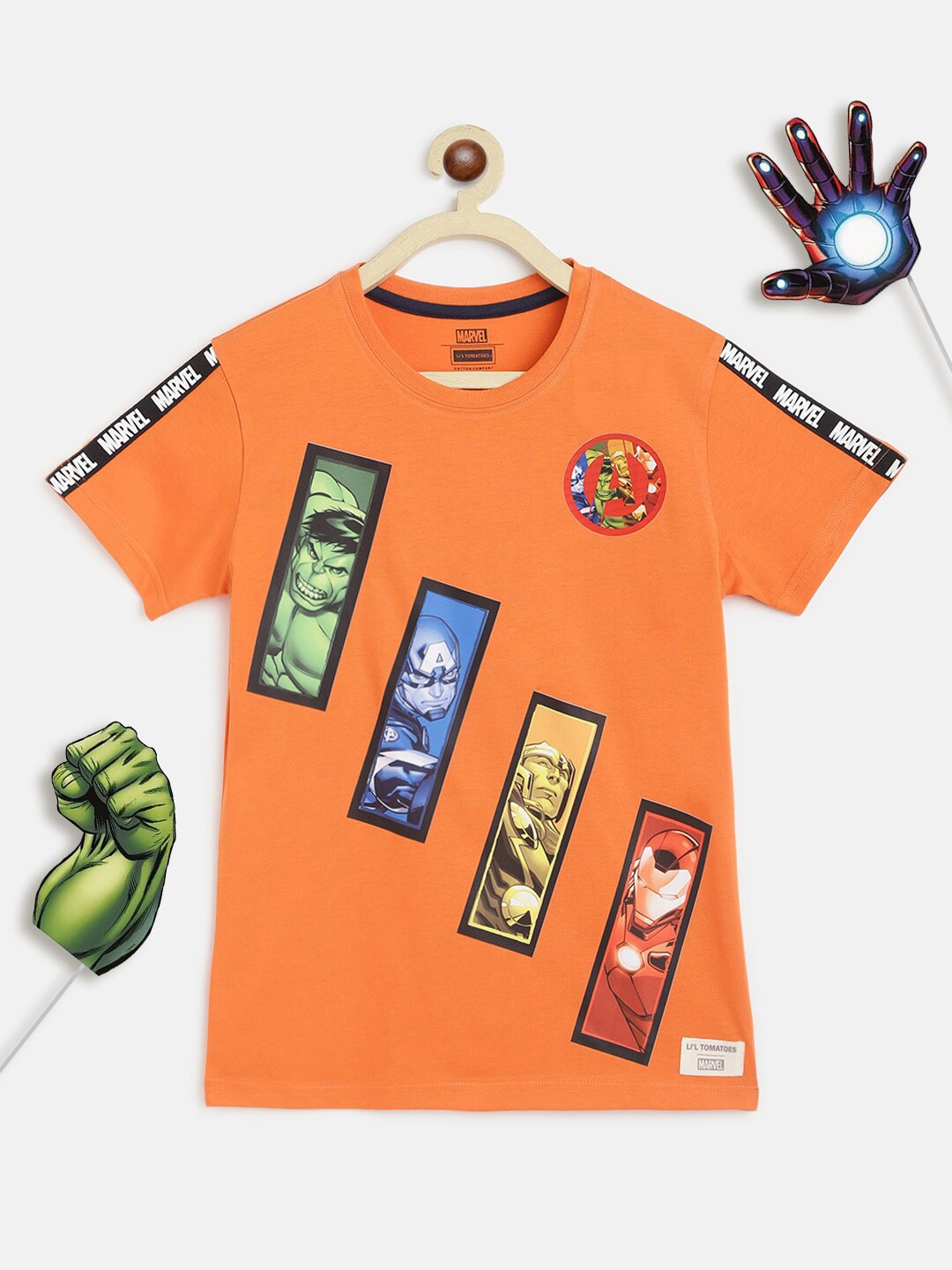 

Lil Tomatoes Boys Superhero Printed Round Neck Short Sleeves Cotton T-shirt, Orange