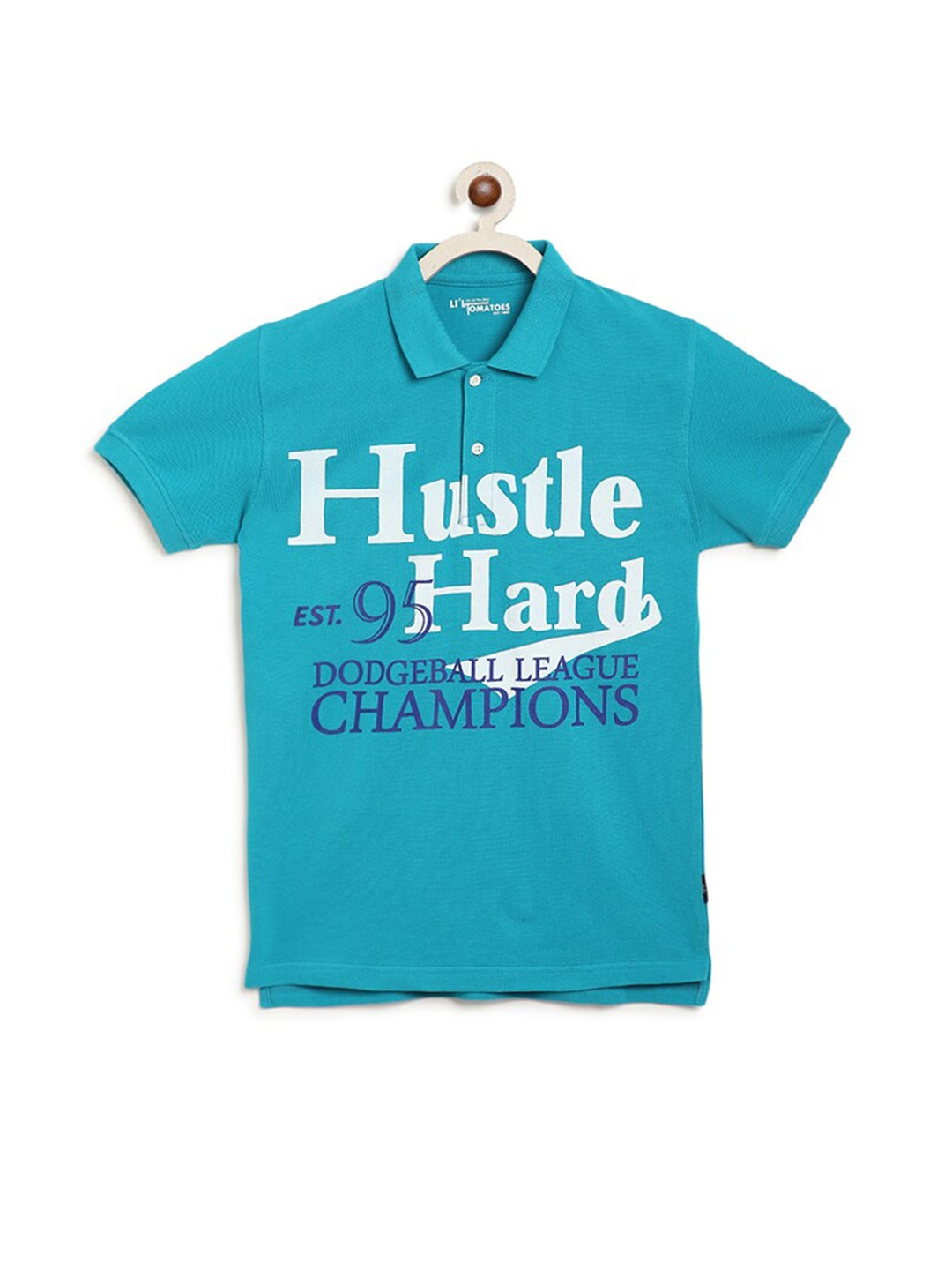 

Lil Tomatoes Boys Typography Printed Polo Collar Short Sleeves Cotton T-shirt, Turquoise blue