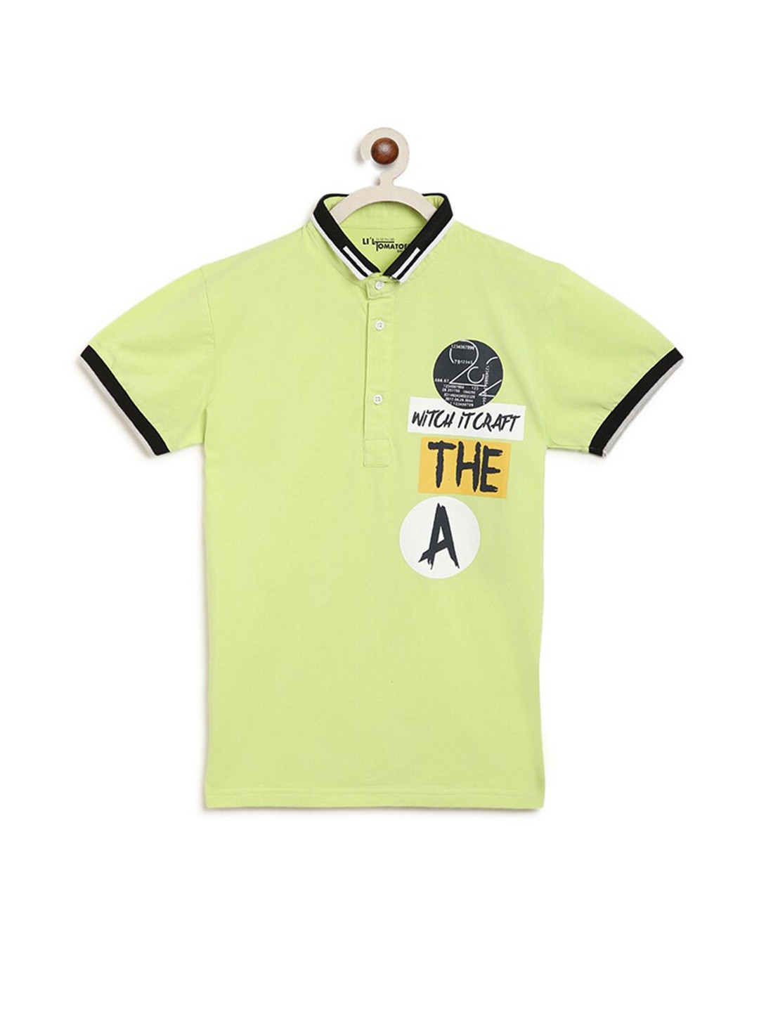

Lil Tomatoes Boys Typography Printed Polo Collar Short Sleeves Cotton T-shirt, Lime green
