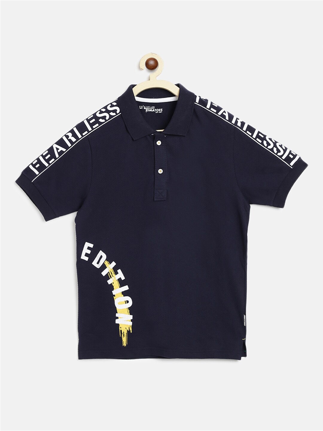 

Lil Tomatoes Boys Typography Printed Polo Collar Short Sleeves Cotton T-shirt, Navy blue