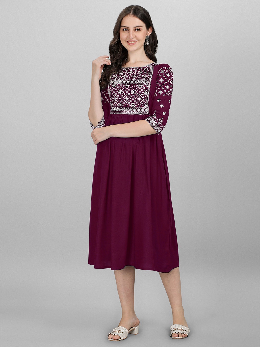 

Shree Ramkrishna Fab Ethnic Motif Embroidered Gathered Fit & Flare Midi Ethnic Dress, Purple