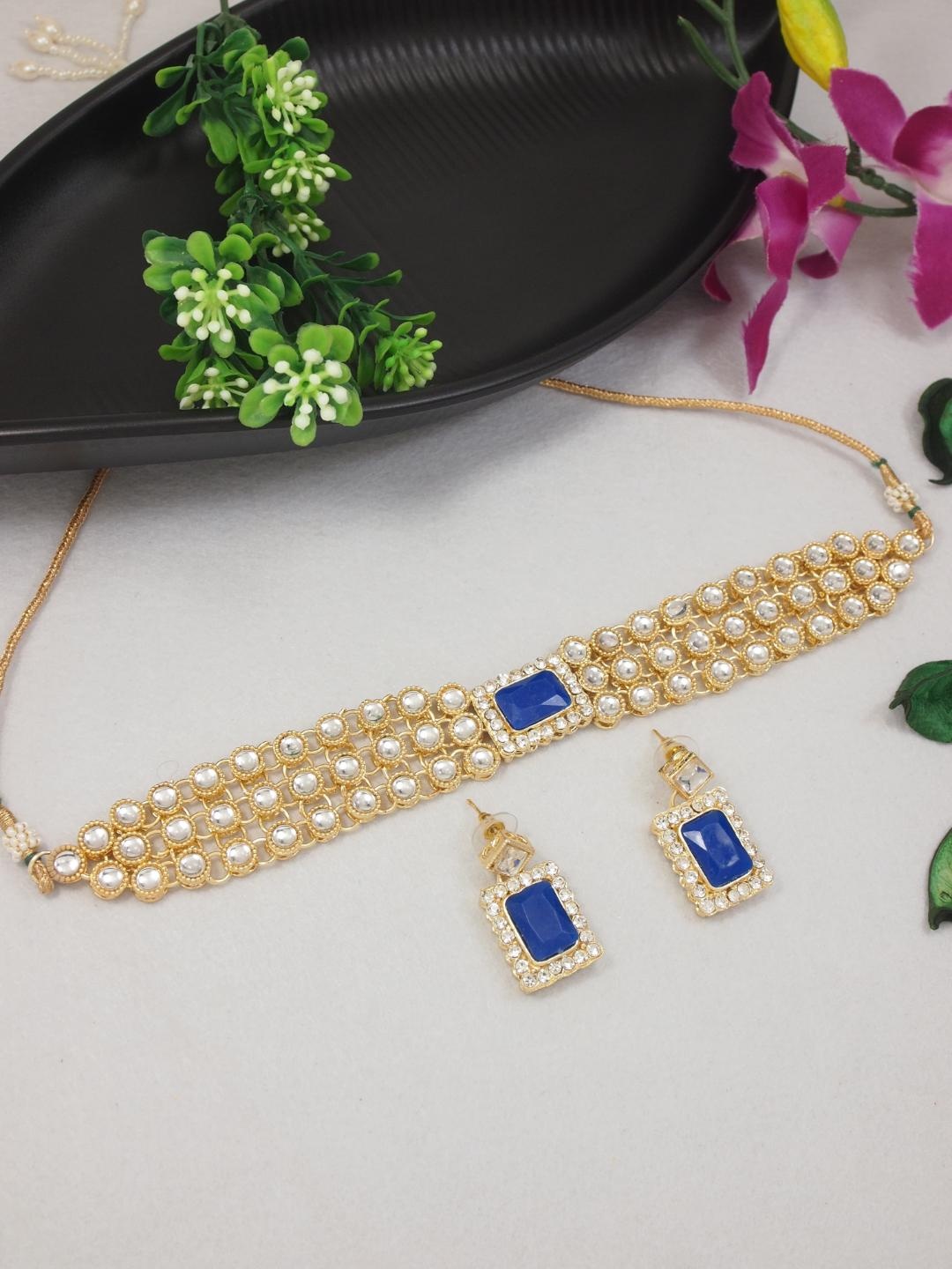 

I Jewels Gold-Plated Kundan Studded & Beaded Jewellery Set, Blue