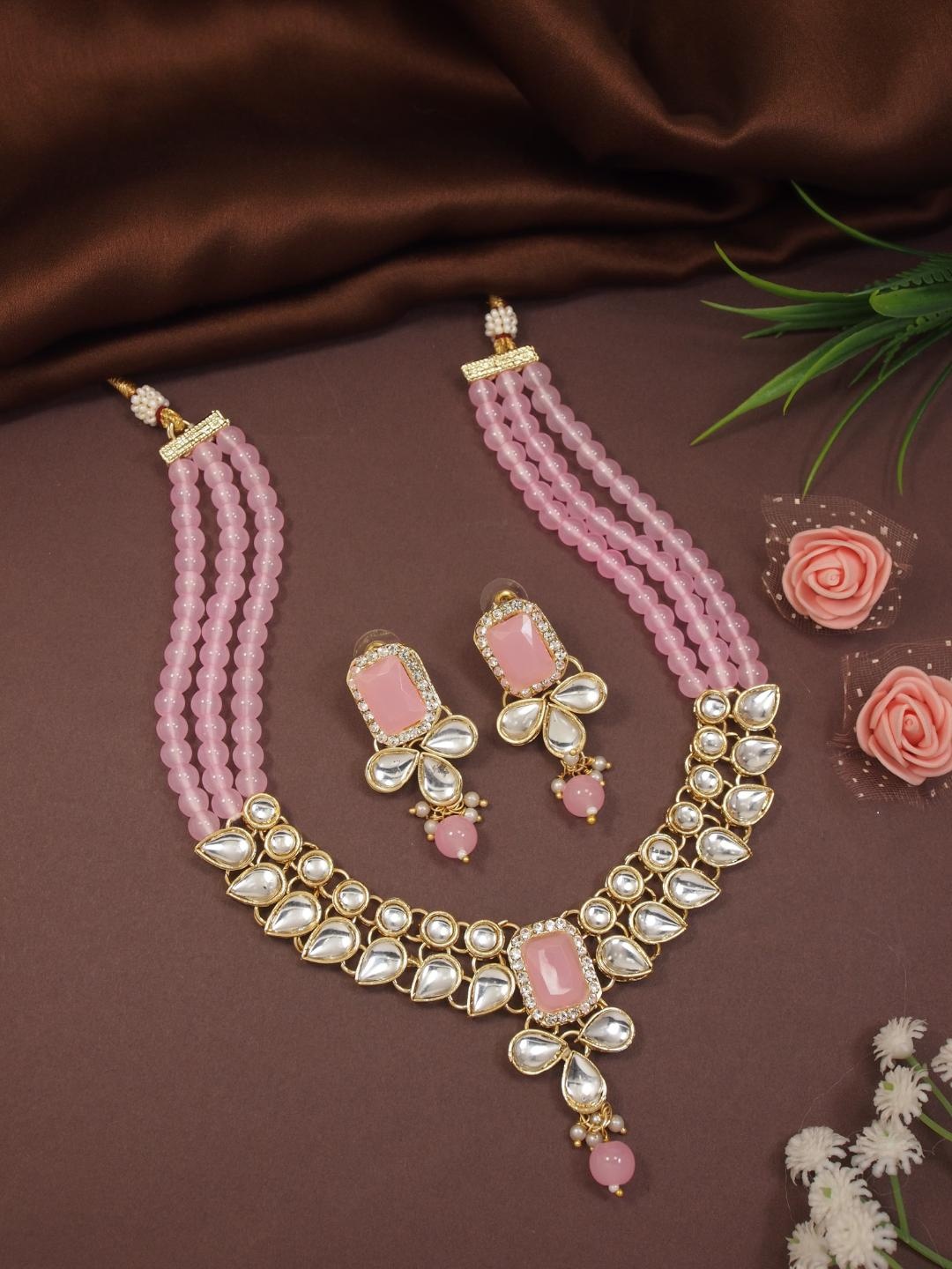 

I Jewels Gold-Plated Kundan-Studded & Pearl Beaded Jewellery Set