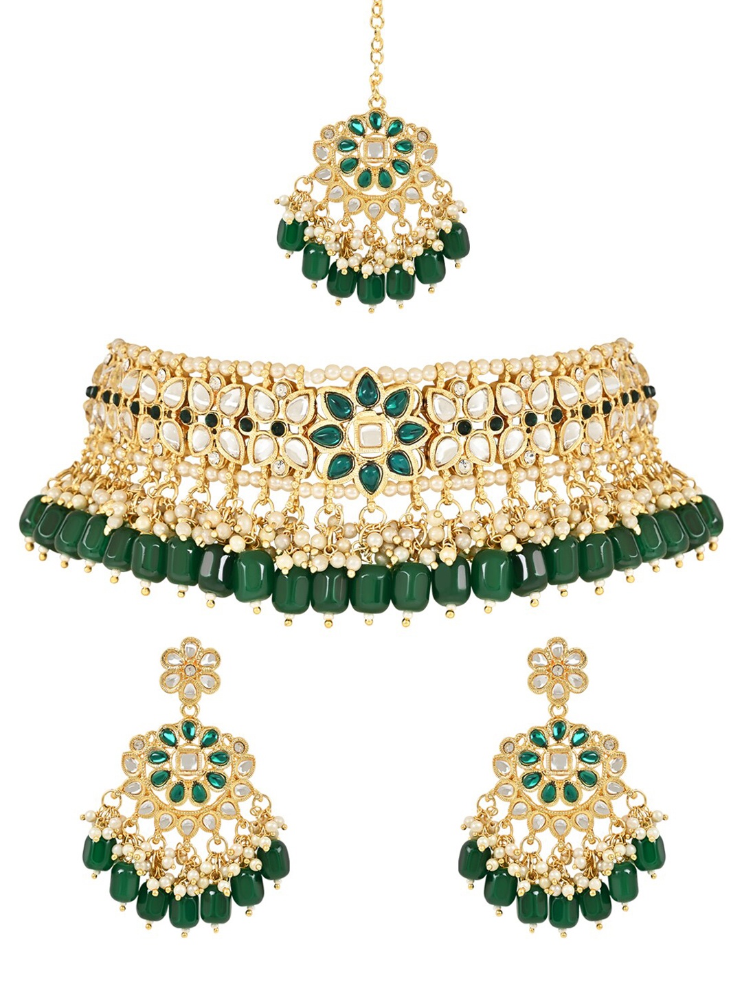 

I Jewels Gold-Plated Kundan-Studded & Pearl Beaded Jewellery Set