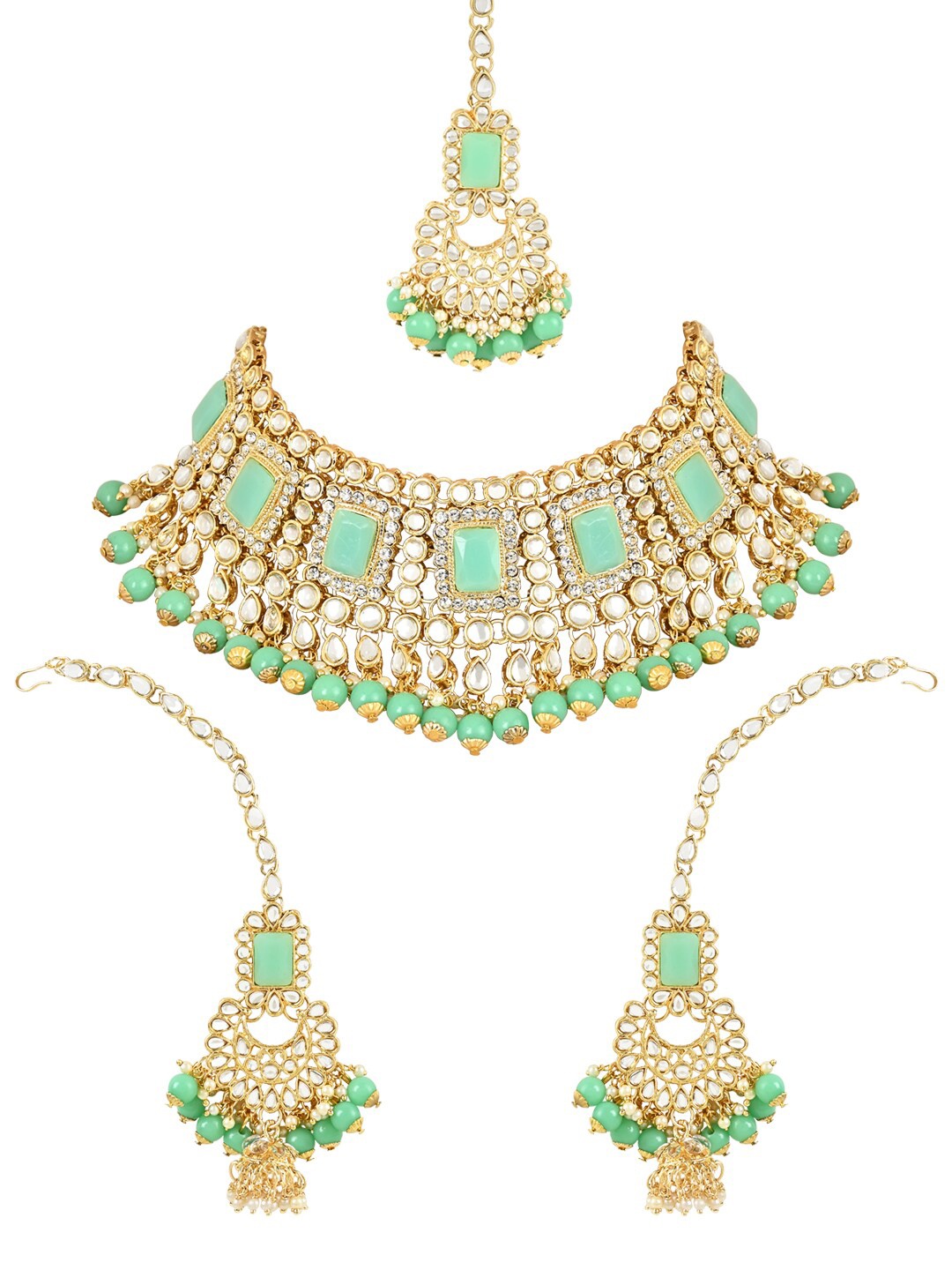 

I Jewels Gold-Plated Kundan & Pearl Studded & Beaded Bridal Choker Jewellery Set