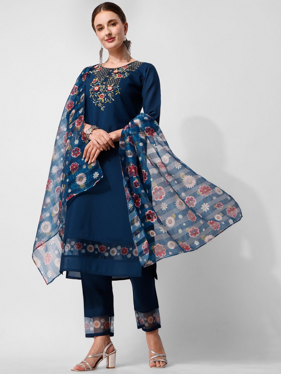 

Berrylicious Yoke Design Beads and Stones Chanderi Cotton Kurta With Trousers & Dupatta, Navy blue