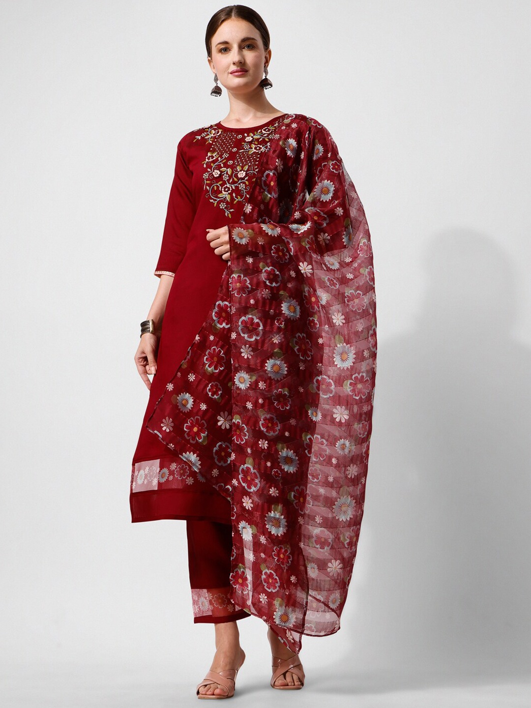 

Berrylicious Yoke Design Beads and Stones Chanderi Cotton Kurta With Trousers & Dupatta, Maroon