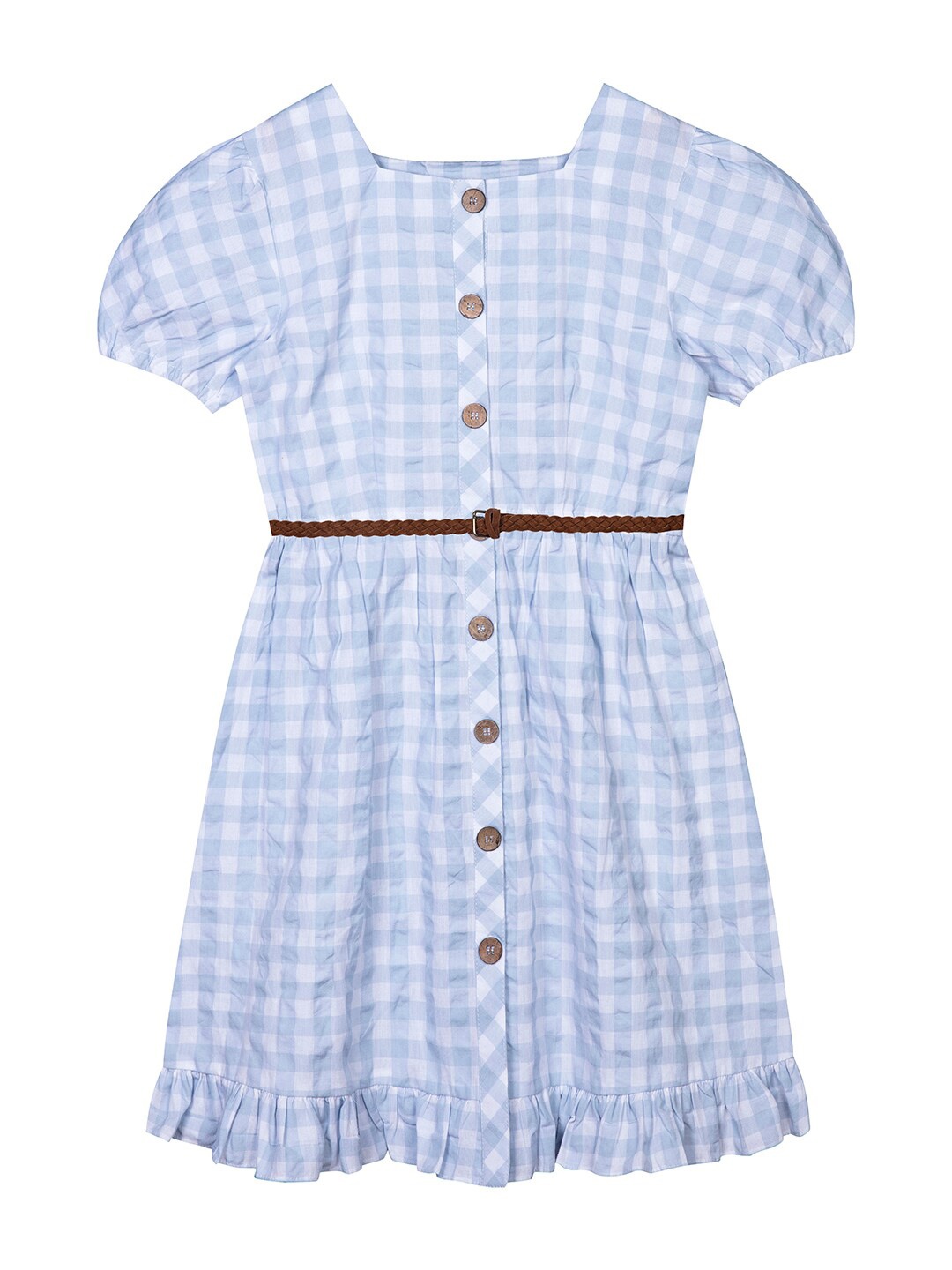 

Budding Bees Girls Checked Puff Sleeve Fit & Flare Dress, Blue