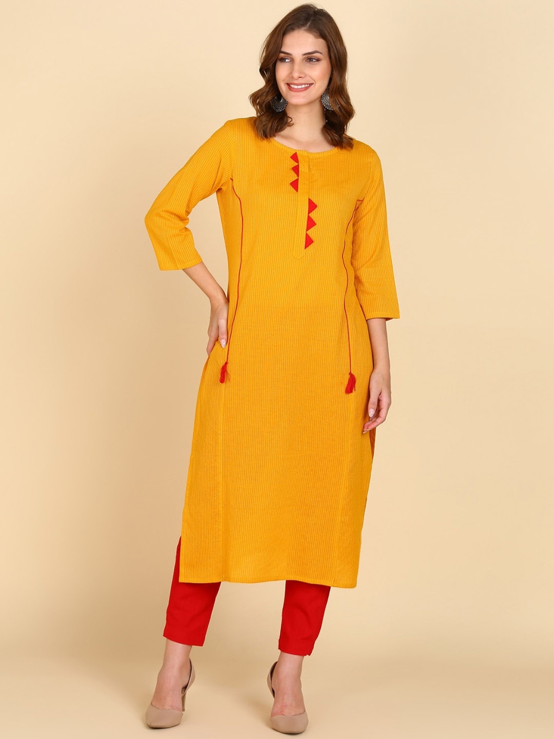 

VEDANA Striped Embroidered Regular Thread Work Cotton Kurta, Mustard