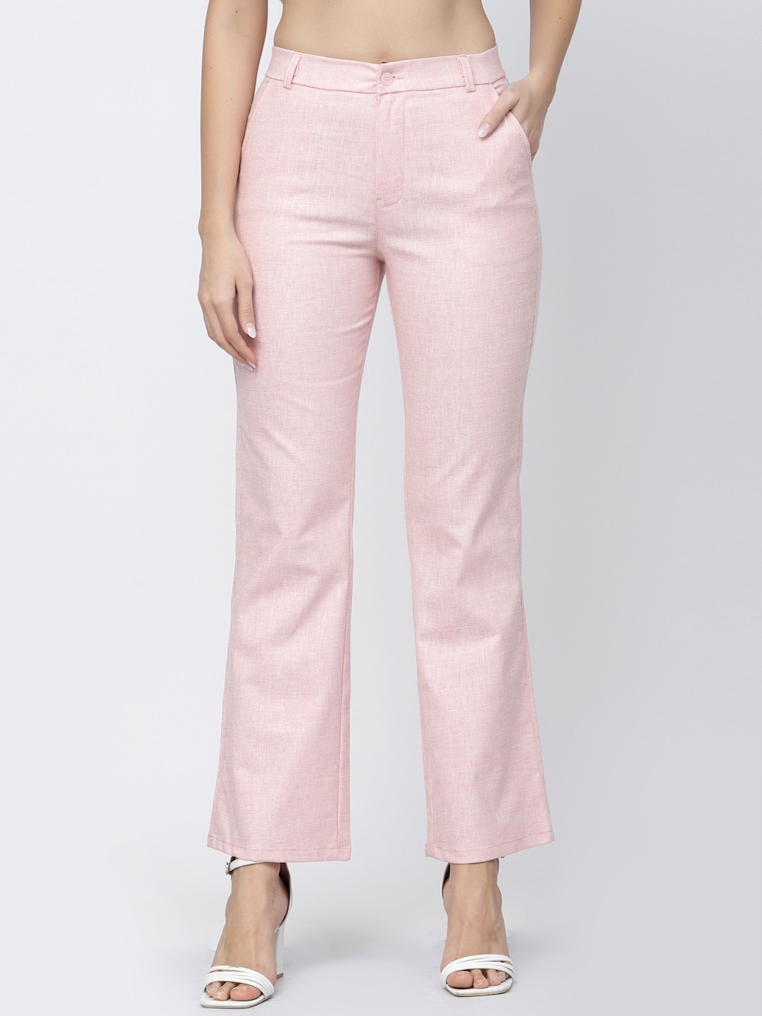 

Westwood Women Smart Regular Fit Mid Rise Easy Wash Linen Bootcut Trousers, Pink