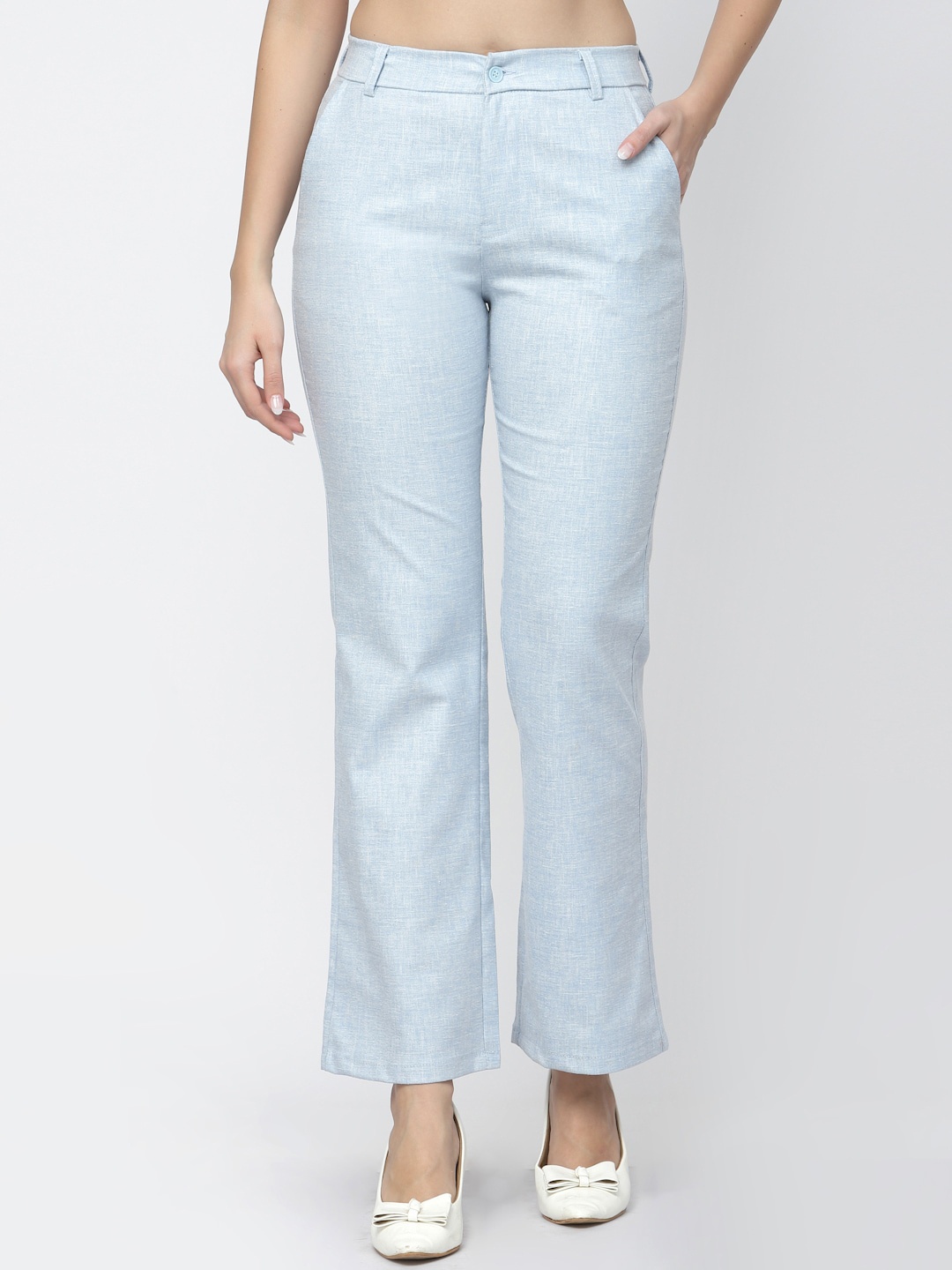 

Westwood Women Smart Regular Fit Mid Rise Easy Wash Linen Bootcut Trousers, Blue