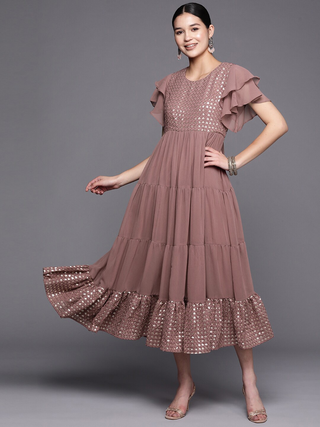 

Shree Ramkrishna Fab Embellished Sequined Flutter Sleeves Tiered Fit & Flare Midi Dress, Mauve