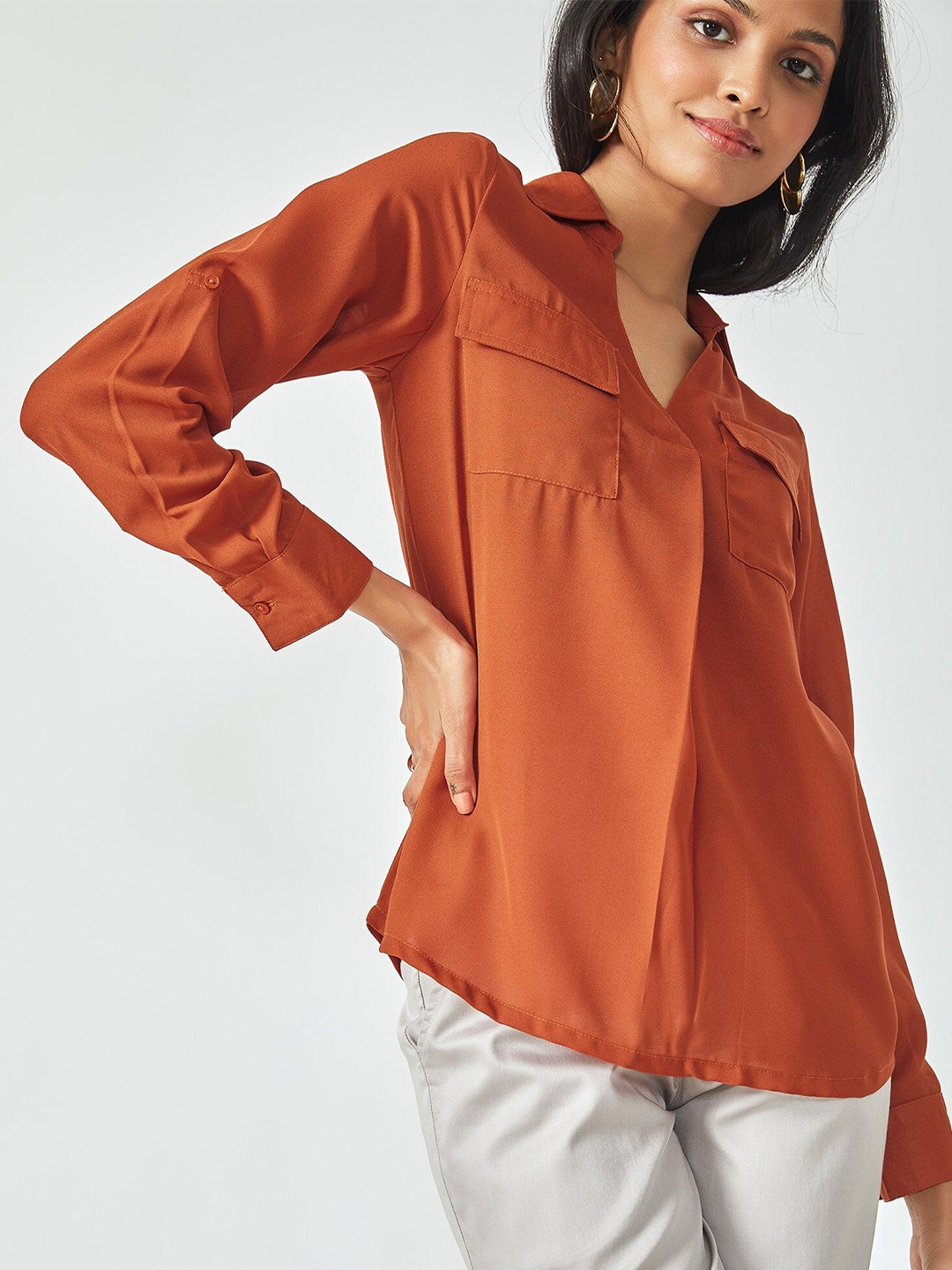 

The Label Life V-Neck Cuffed Sleeves Shirt Style Top, Rust