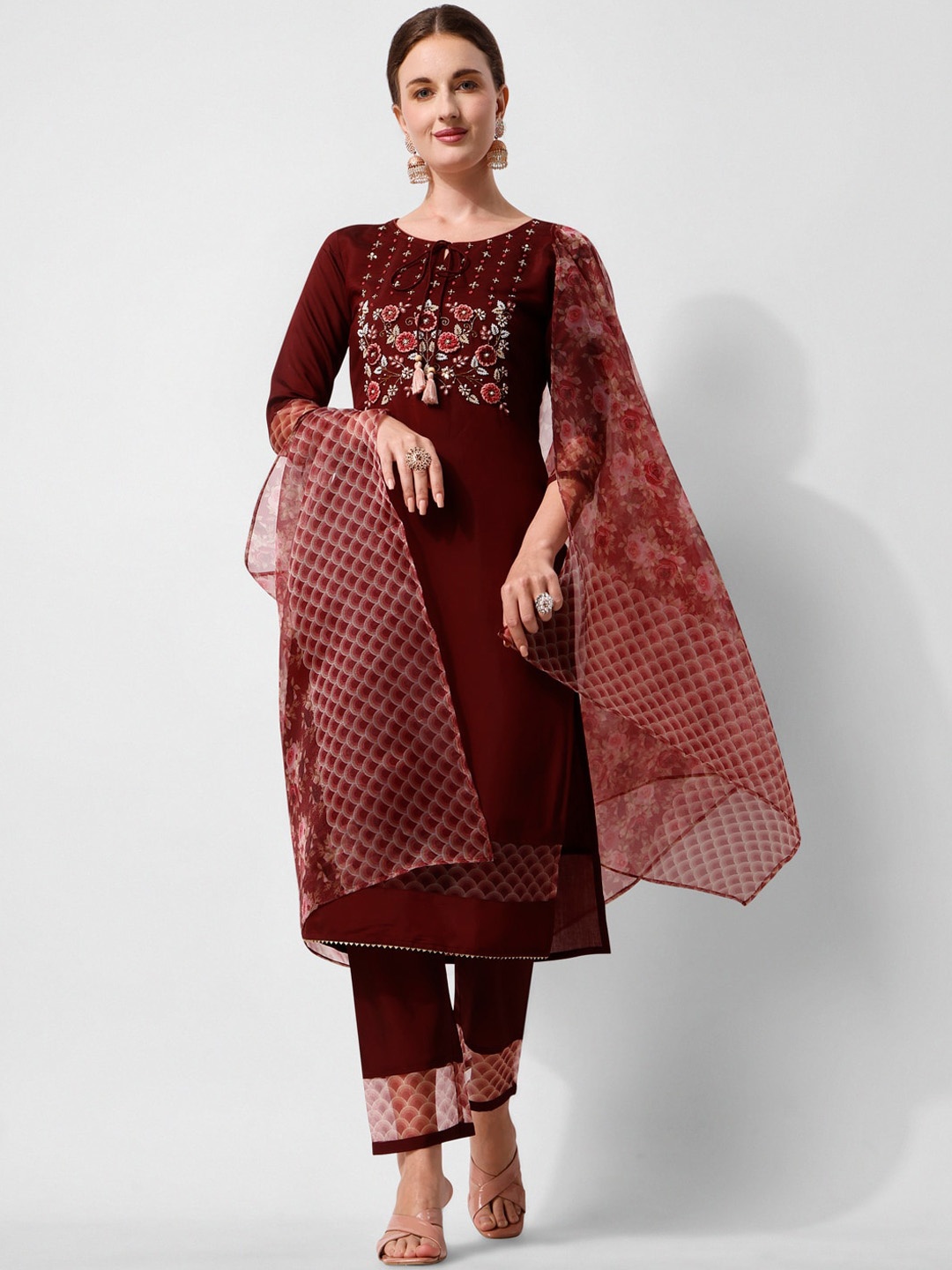 

Berrylicious Embroidered Beads and Stones Chanderi Cotton Kurta With Trousers & Dupatta, Maroon