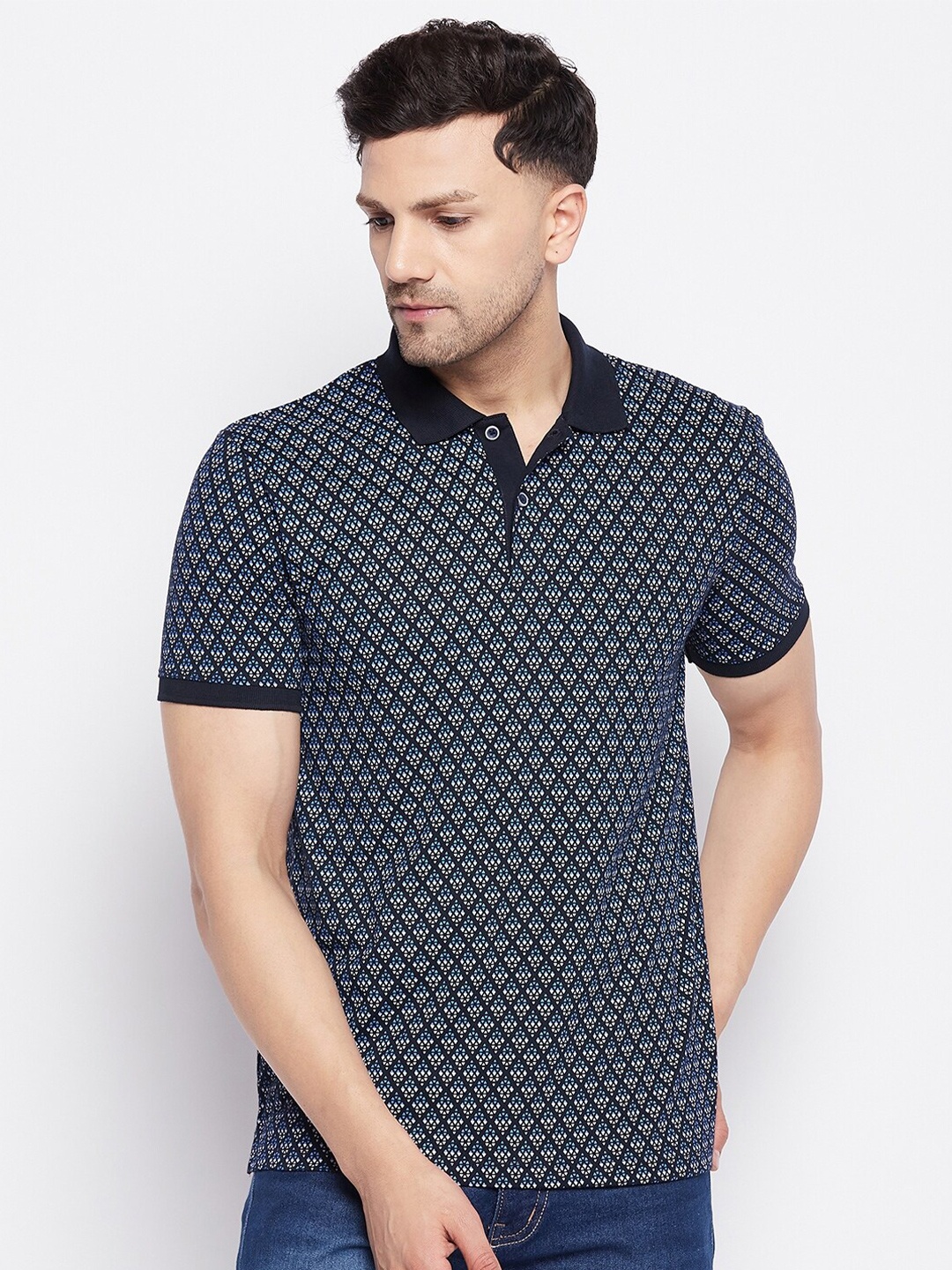 

WILD WEST Geometric Printed Polo Collar Cotton T-shirt, Navy blue