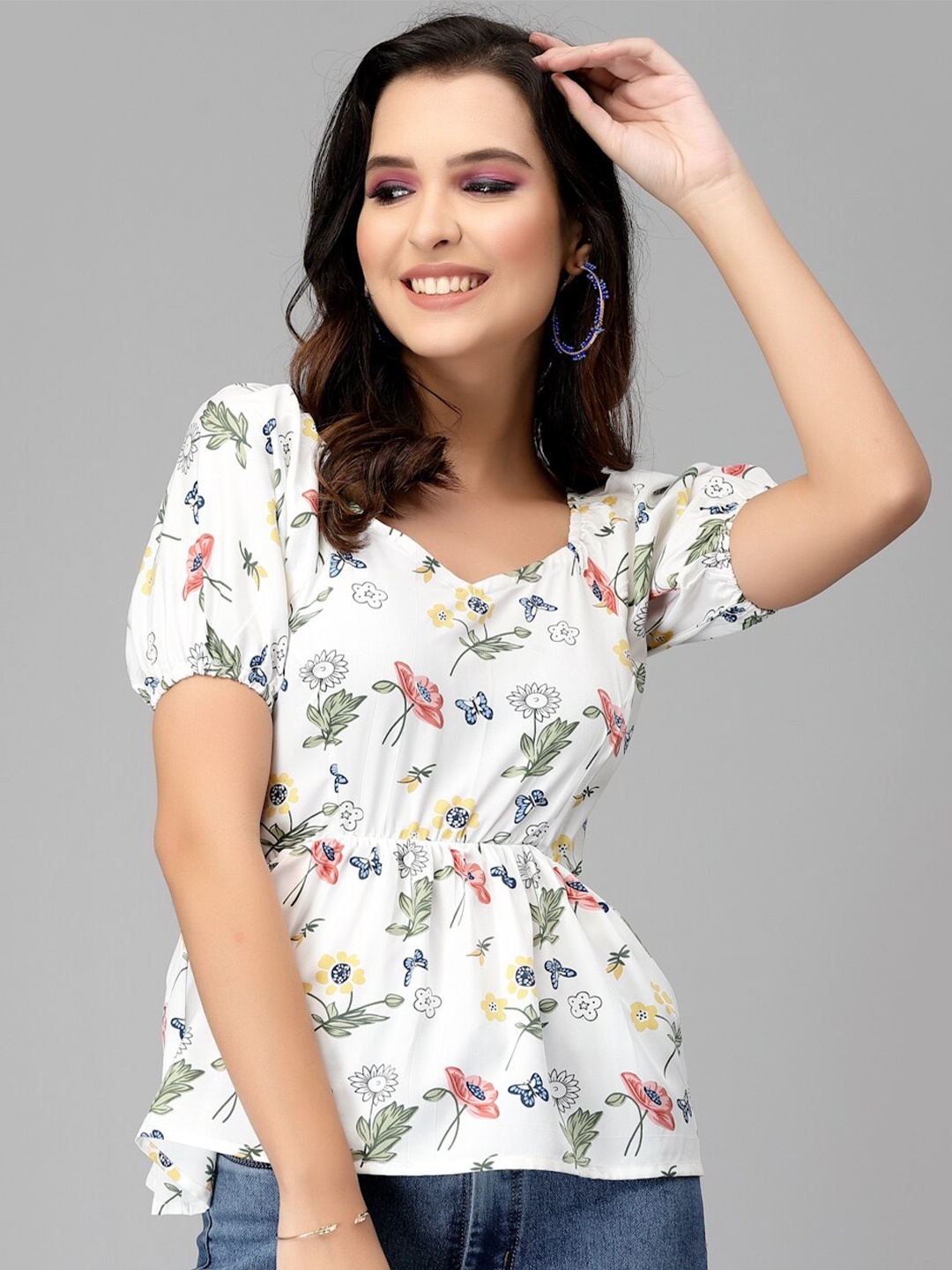 

Selvia Floral Printed Sweetheart Neck Puff Sleeves Cinched Waist Top, White