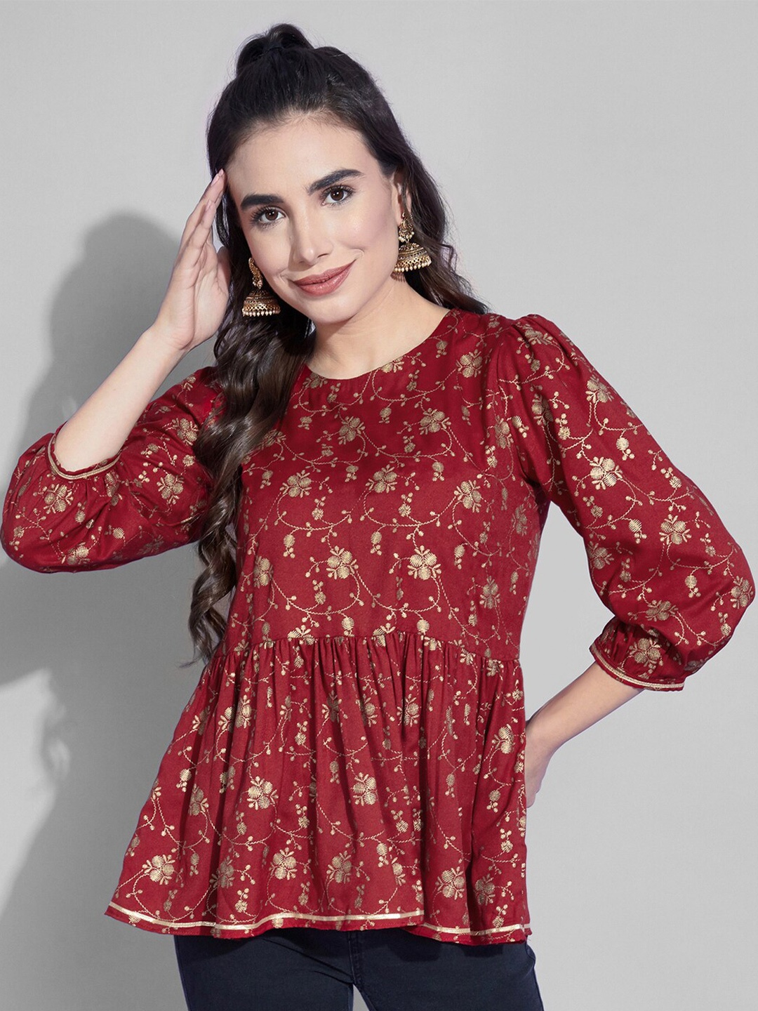 

Selvia Gathered Floral Printed A-Line Tunic, Red