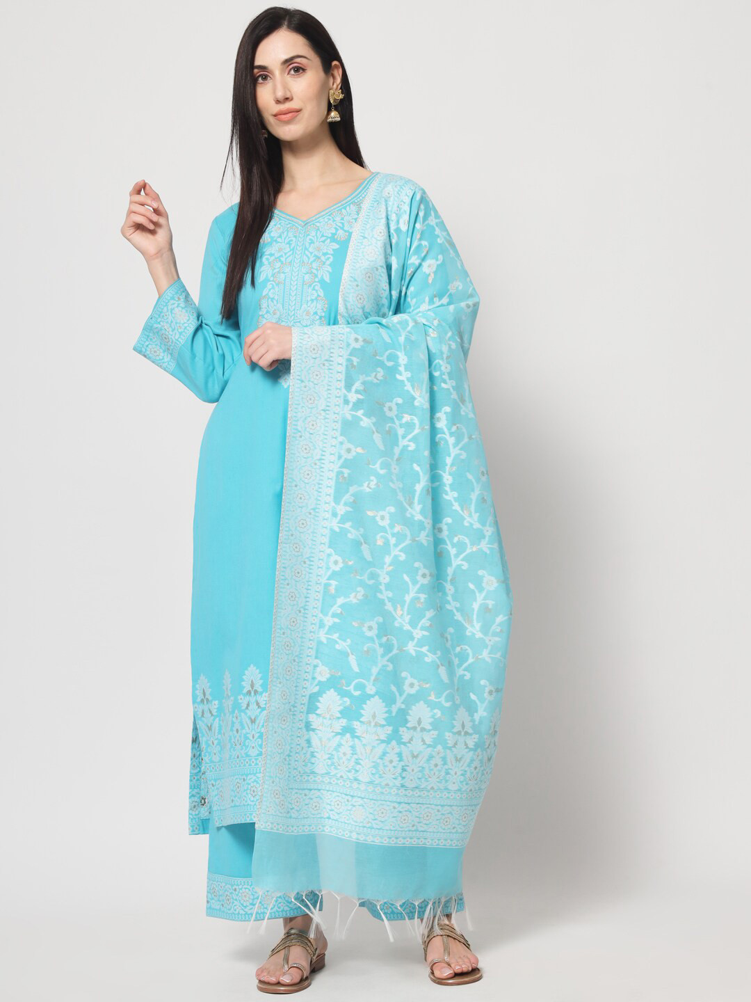 

Safaa Floral Woven Design Unstitched Dress Material, Turquoise blue