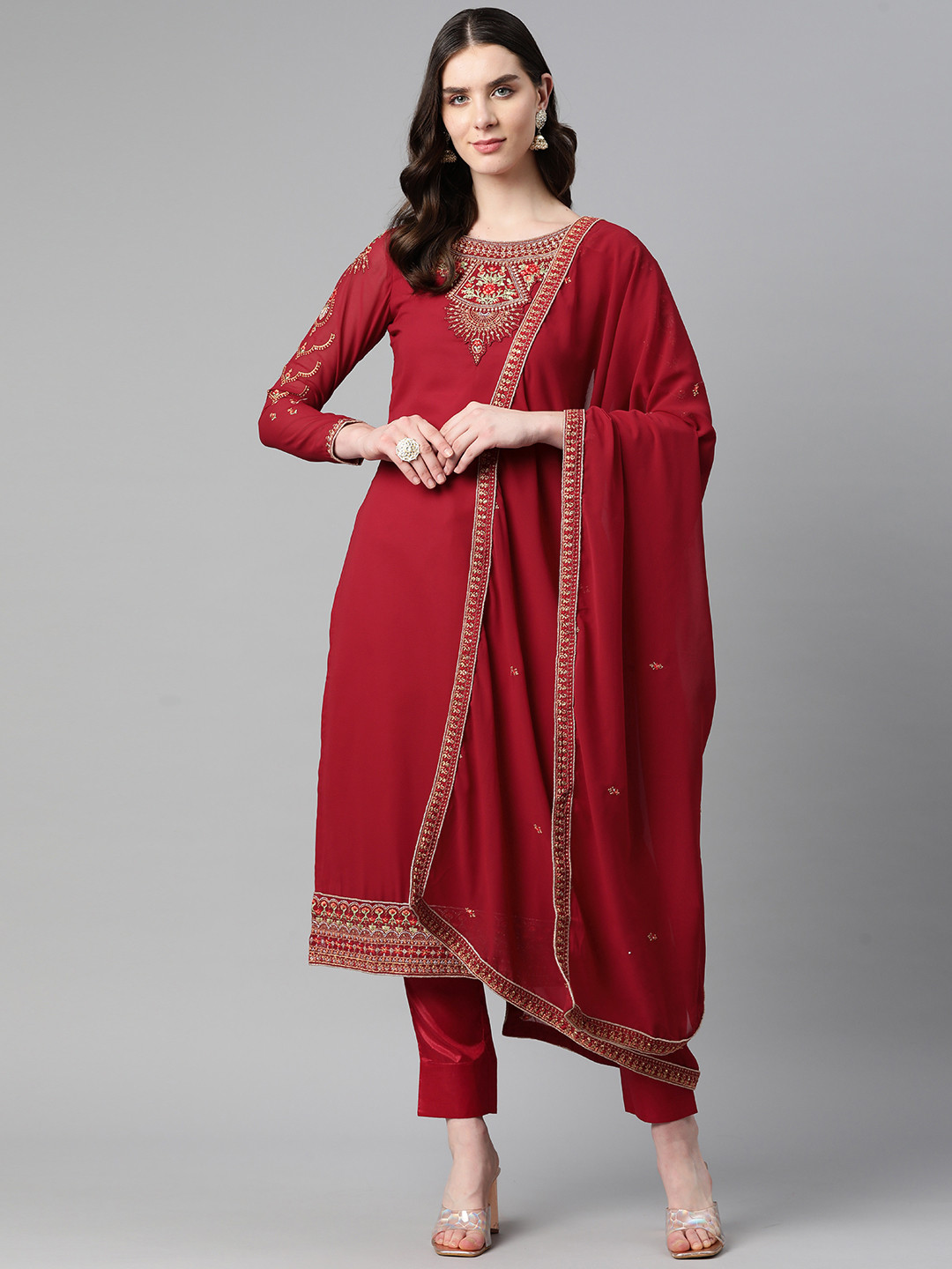 

Readiprint Fashions Maroon Embroidered Semi-Stitched Dress Material