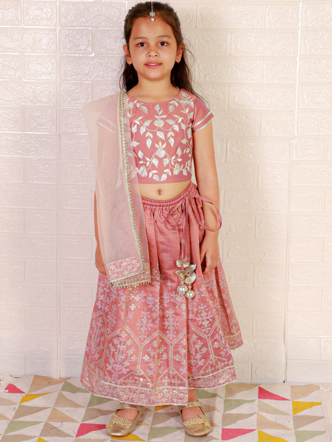 

LIL DRAMA Girls Embroidered Thread Work Ready to Wear Lehenga & Blouse With Dupatta, Pink
