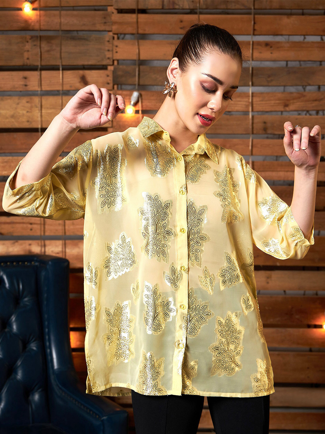 

SASSAFRAS Floral Printed Semi Sheer Boxy Party Shirt, Yellow