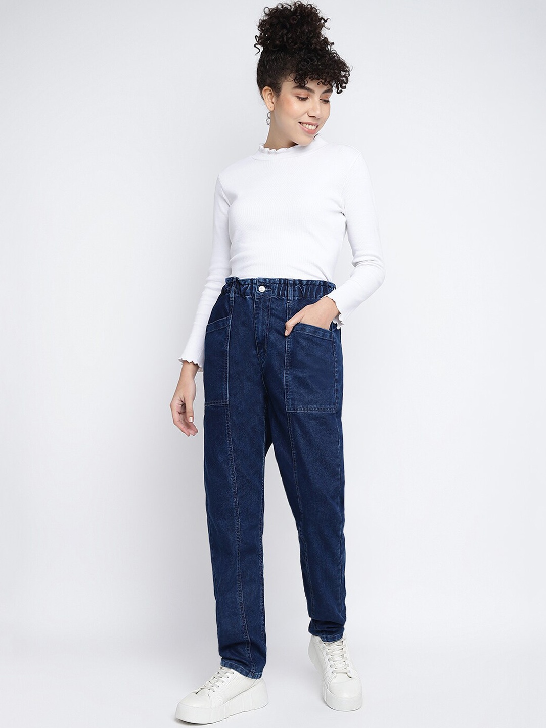 

TALES & STORIES Women High-Rise Elasticated Dark Shade Jeans, Navy blue