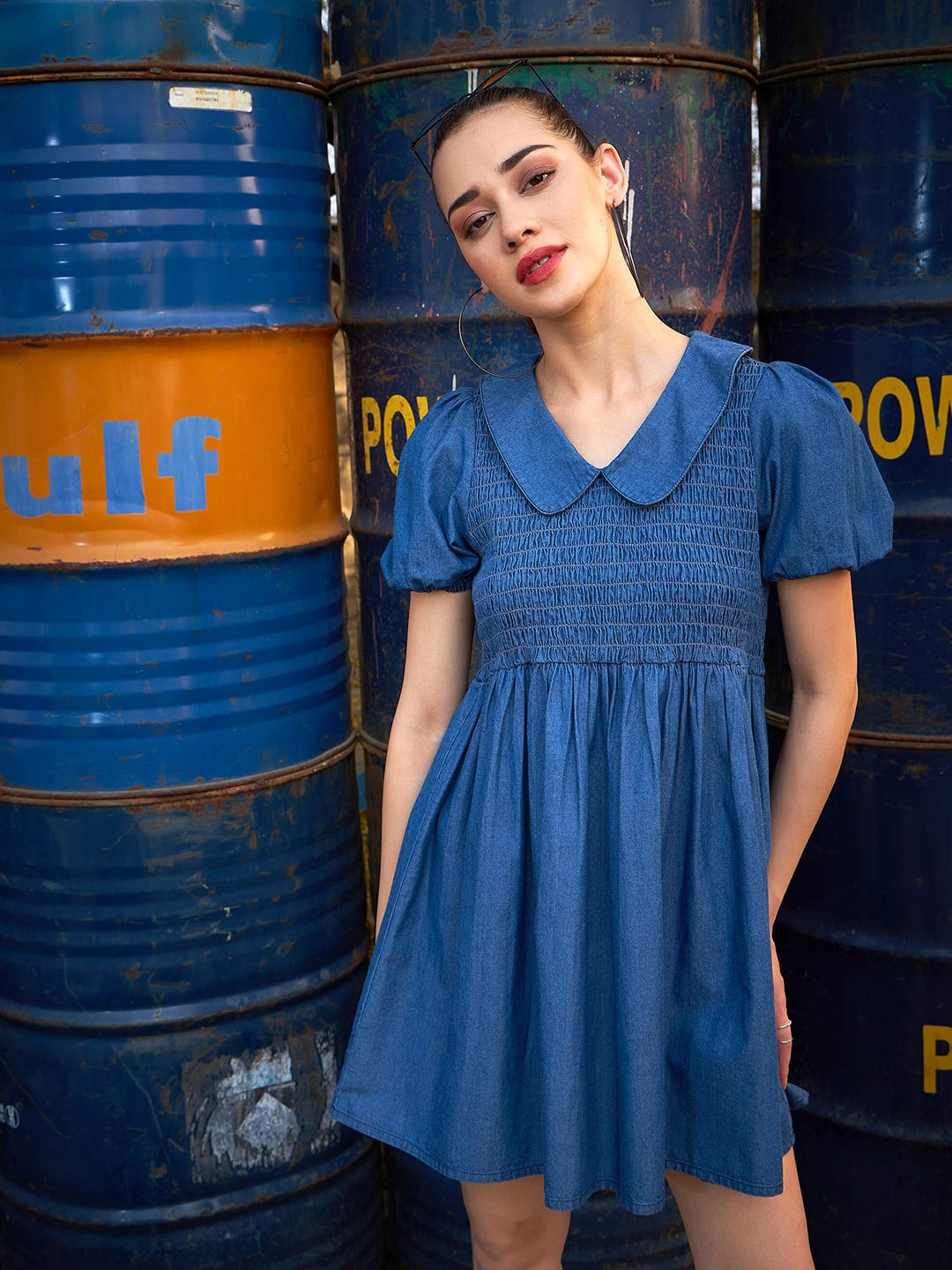 

SASSAFRAS Peter Pan Collar Smocked Pure Cotton Fit & Flare Dress, Blue