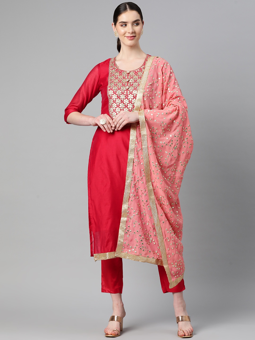 

Readiprint Fashions Embroidered Art Silk Semi-Stitched Dress Material, Red