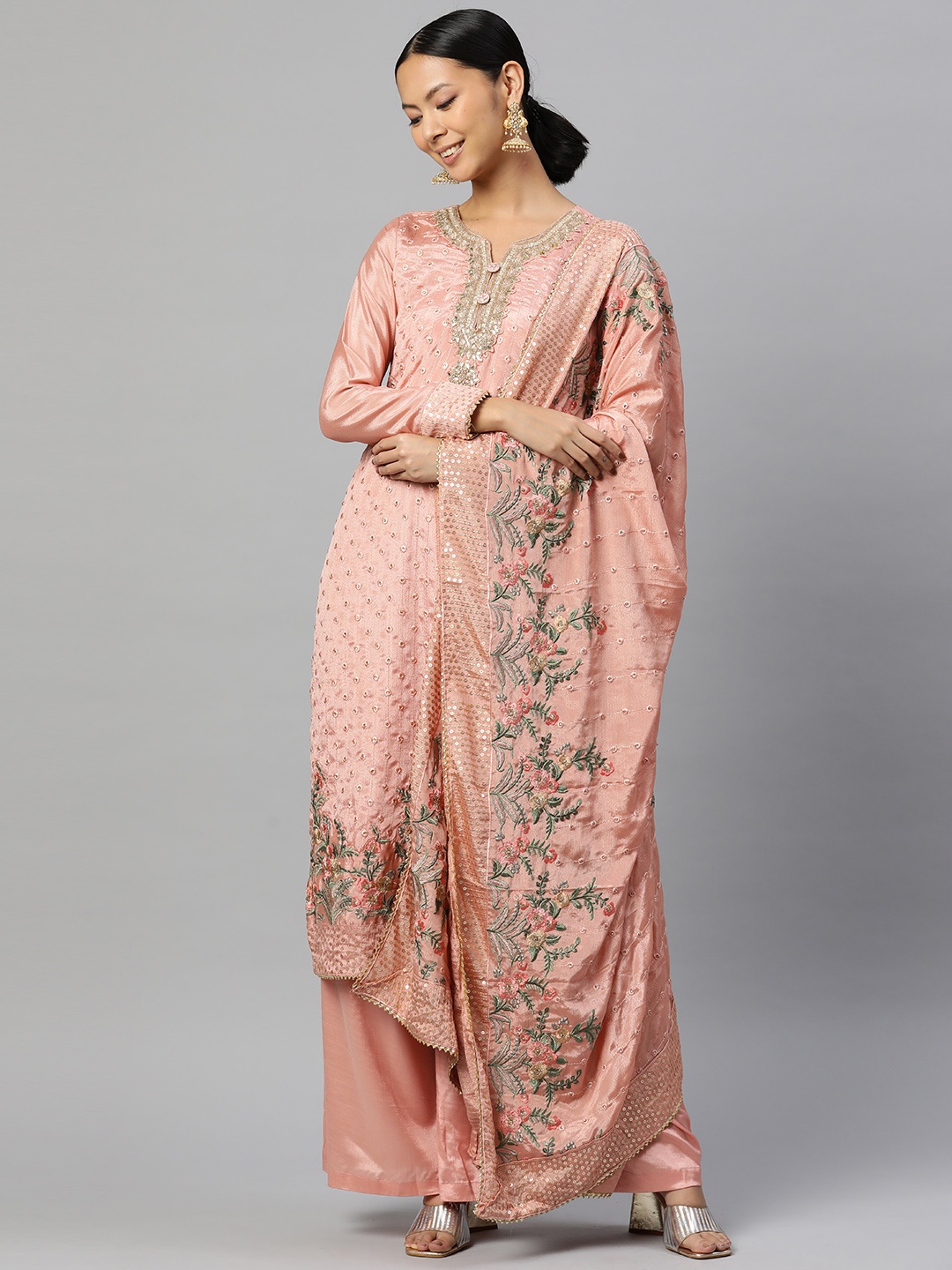 

Readiprint Fashions Embroidered Silk Crepe Semi-Stitched Dress Material, Peach