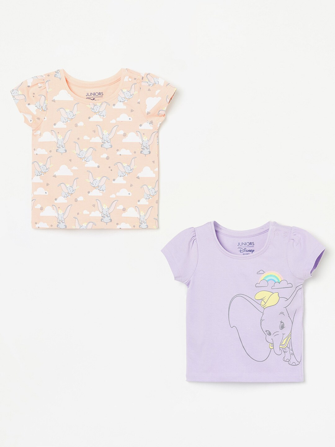 

Juniors by Lifestyle Girls Graphic Printed Pack Of 2 Puffed Sleeves Pure Cotton T-shirts, Peach