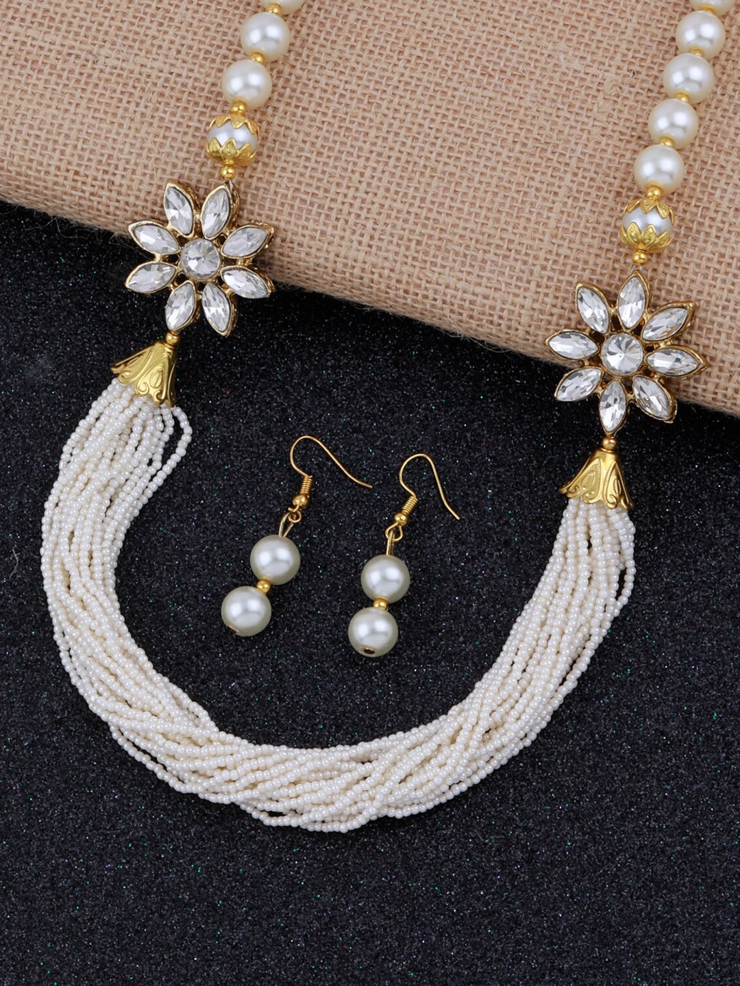 

Silver Shine Pearl-Studded & Beaded Tasselled Jewellery Set, Gold