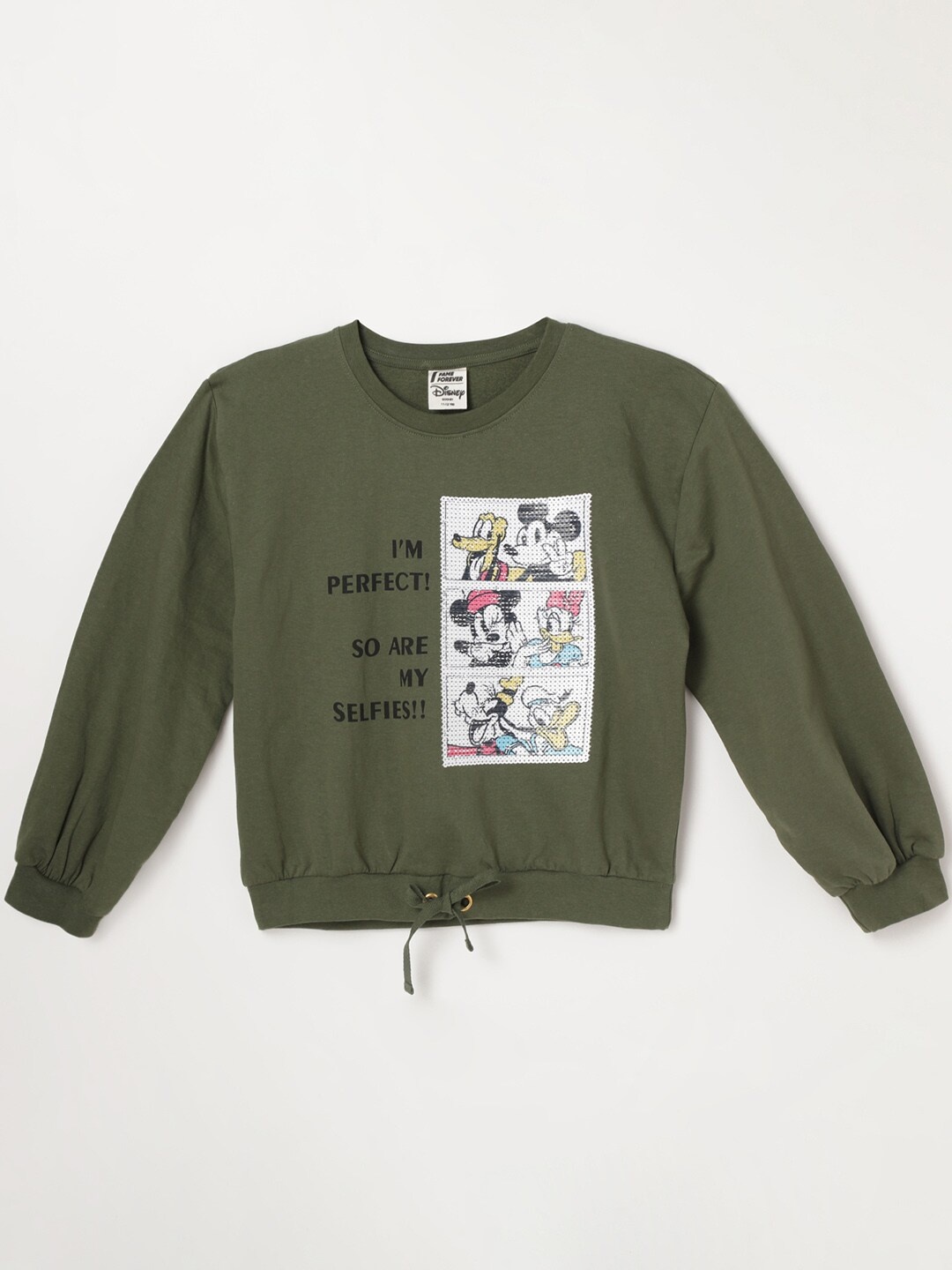 

Fame Forever by Lifestyle Girls Mickey & Friends Printed Pure Cotton Sweatshirt, Olive