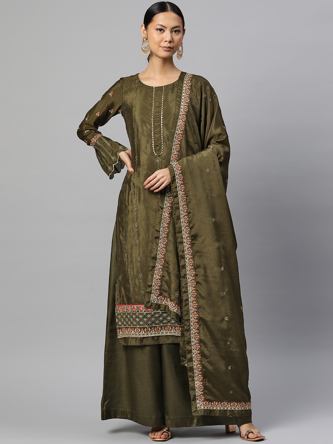 

Readiprint Fashions Embroidered Silk Crepe Semi-Stitched Dress Material, Olive