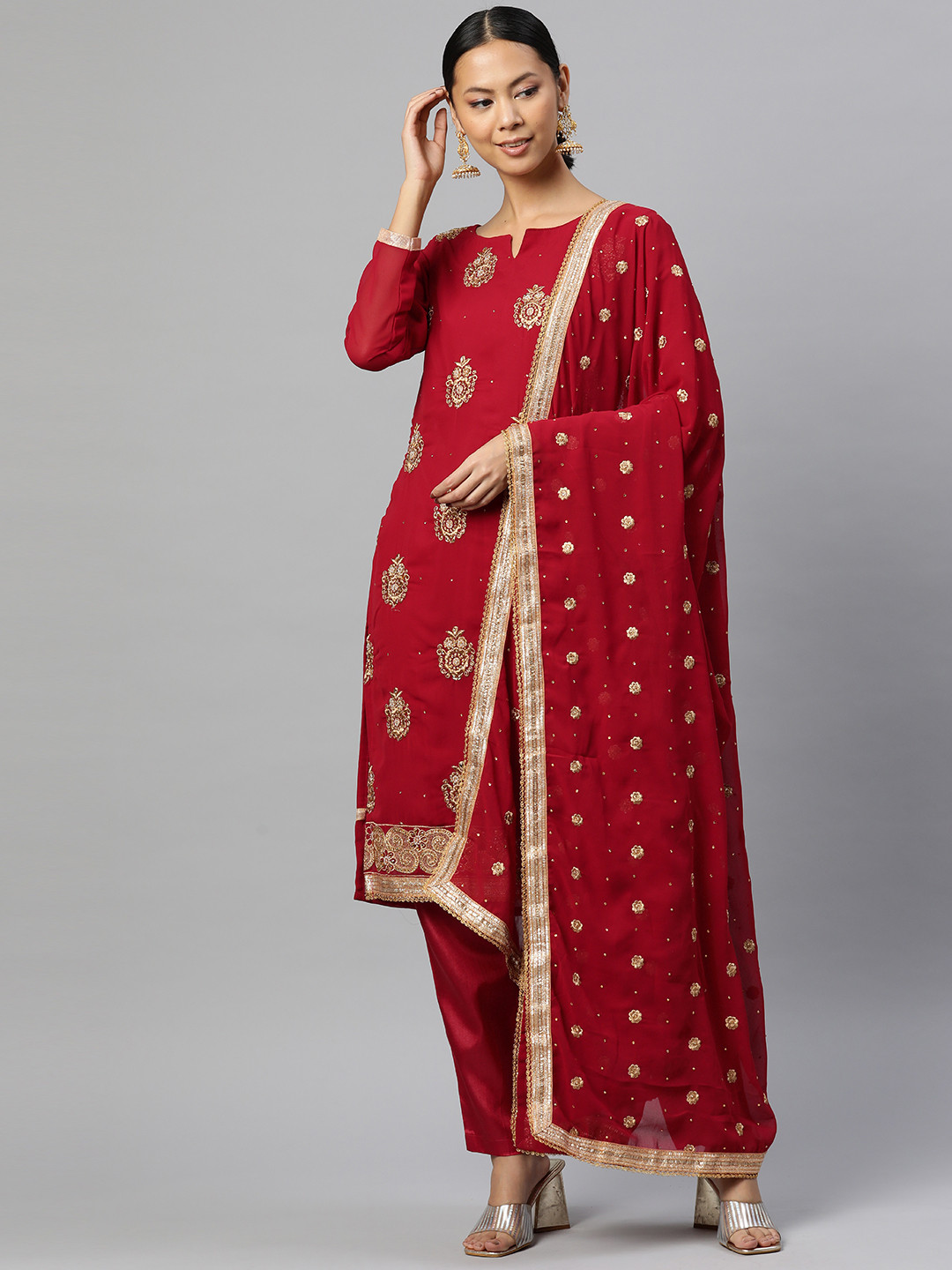 

Readiprint Fashions Embroidered Semi-Stitched Dress Material, Red