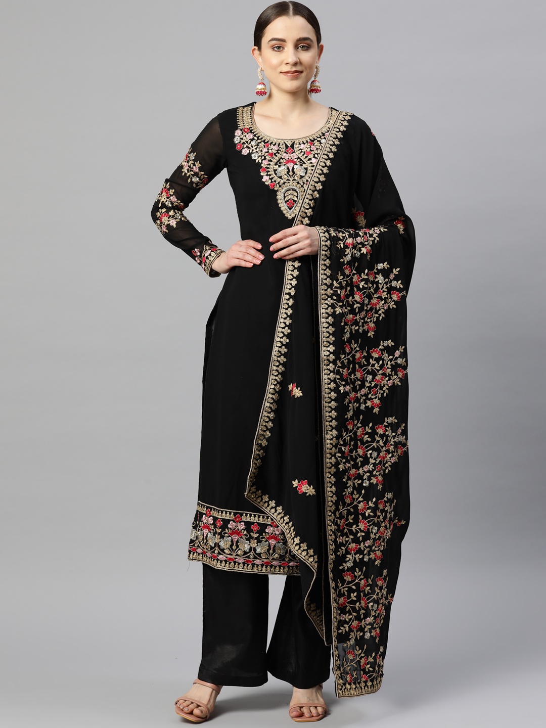 

Readiprint Fashions Embroidered Semi-Stitched Dress Material, Black
