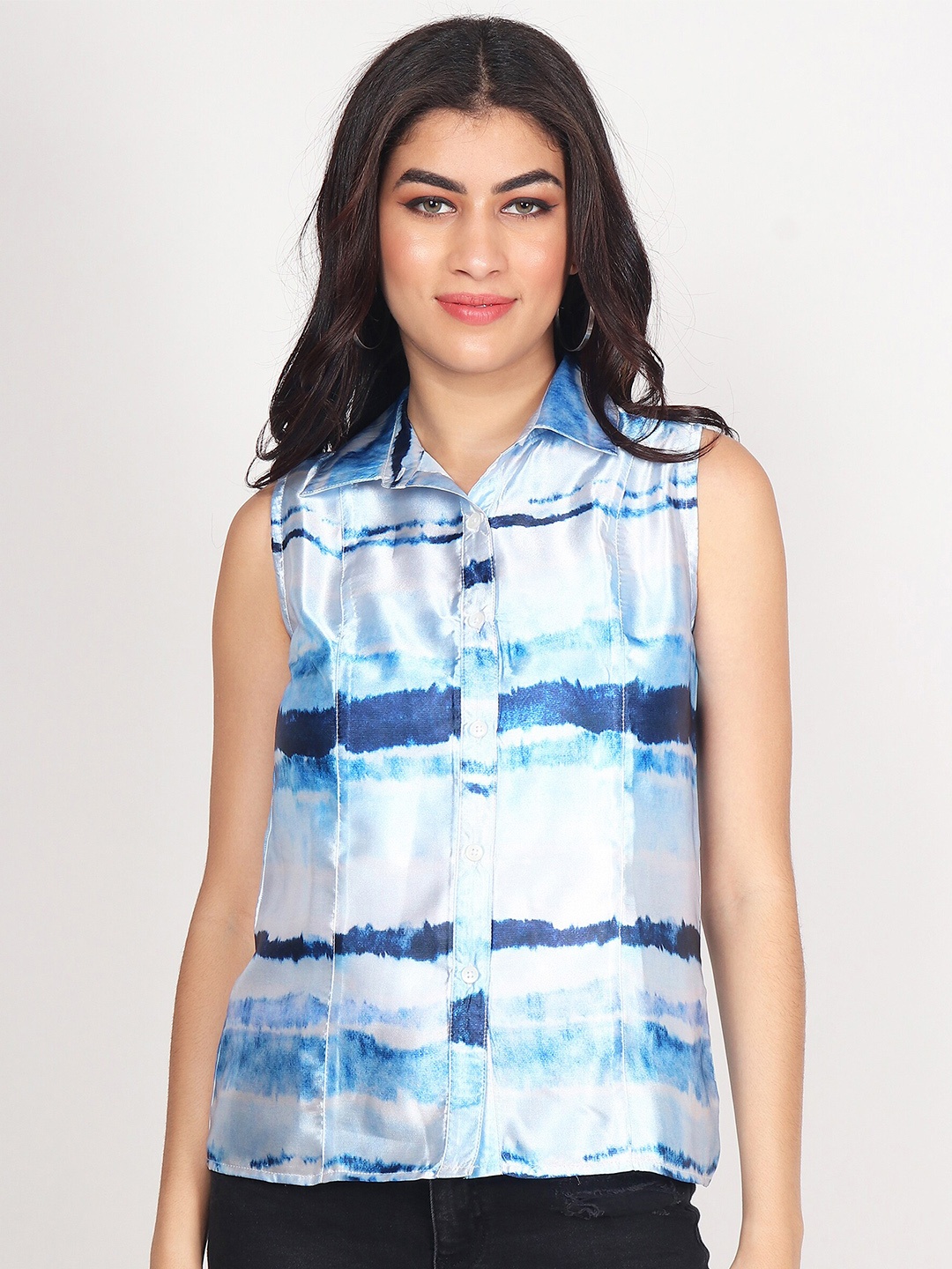 

CHARMGAL Striped Shirt Style Satin Top, Blue