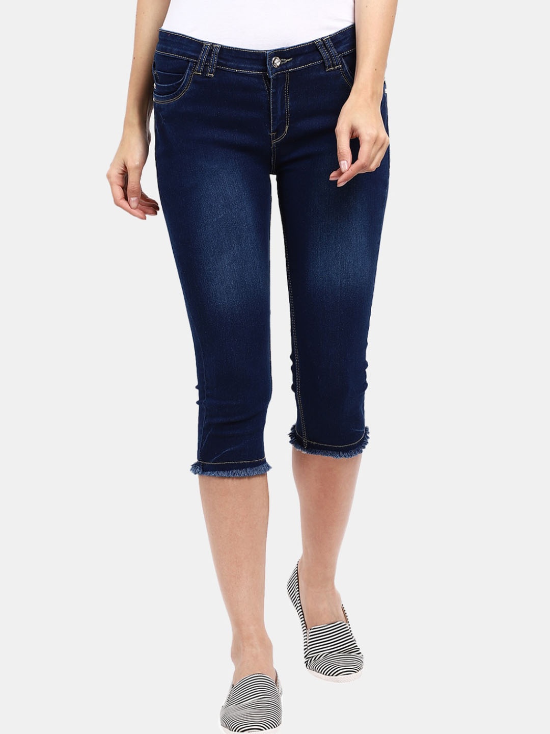 V-Mart Women Washed Slim Fit Denim Capris, Navy blue
