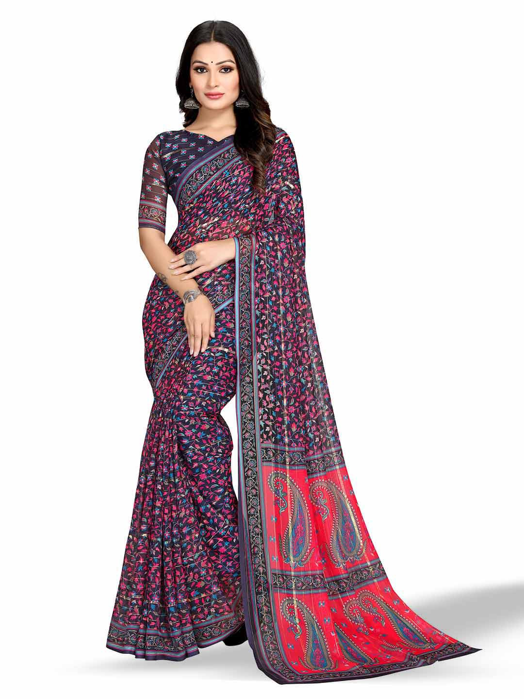 

Mitera Navy Blue & Pink Floral Printed Zari Bagh Saree