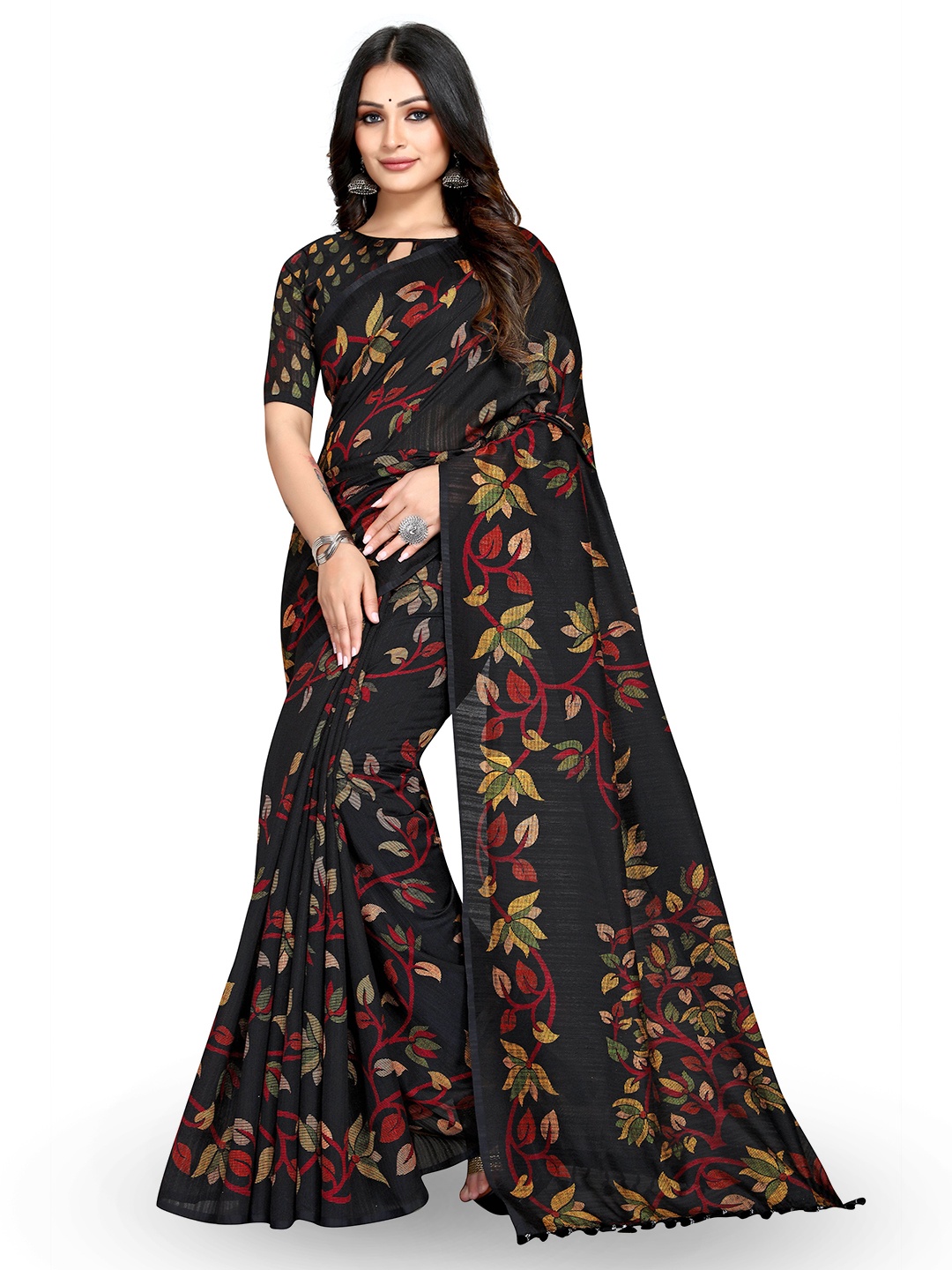 

Mitera Black & Red Floral Printed Bagh Saree