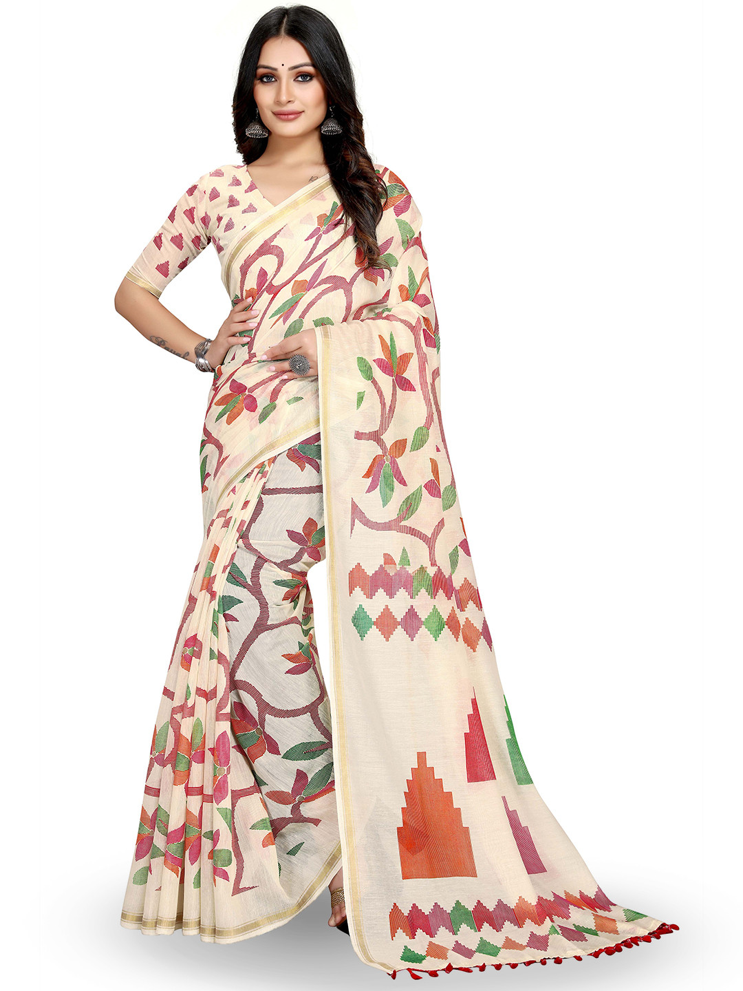 

Mitera Cream-Coloured & Red Floral Printed Bagh Saree