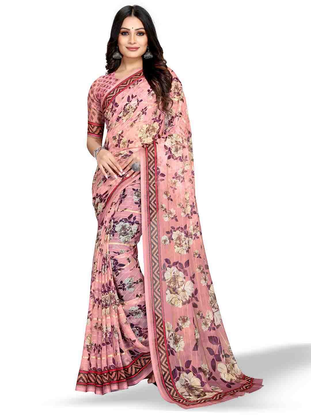 

Mitera Peach Coloured & Beige Floral Printed Zari Bagh Saree, Pink