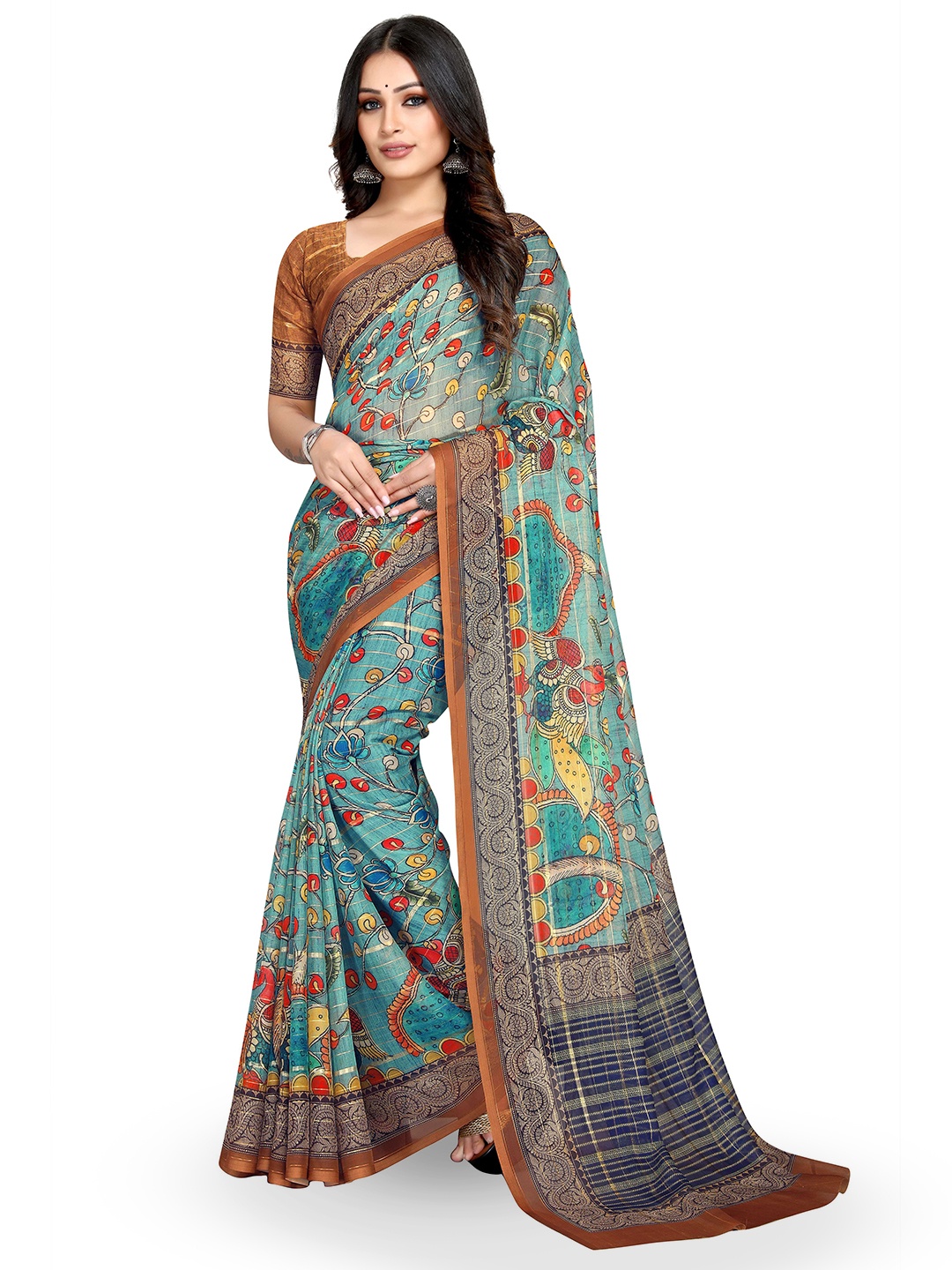 Mitera Turquoise Blue & Brown Floral Printed Bagh Saree