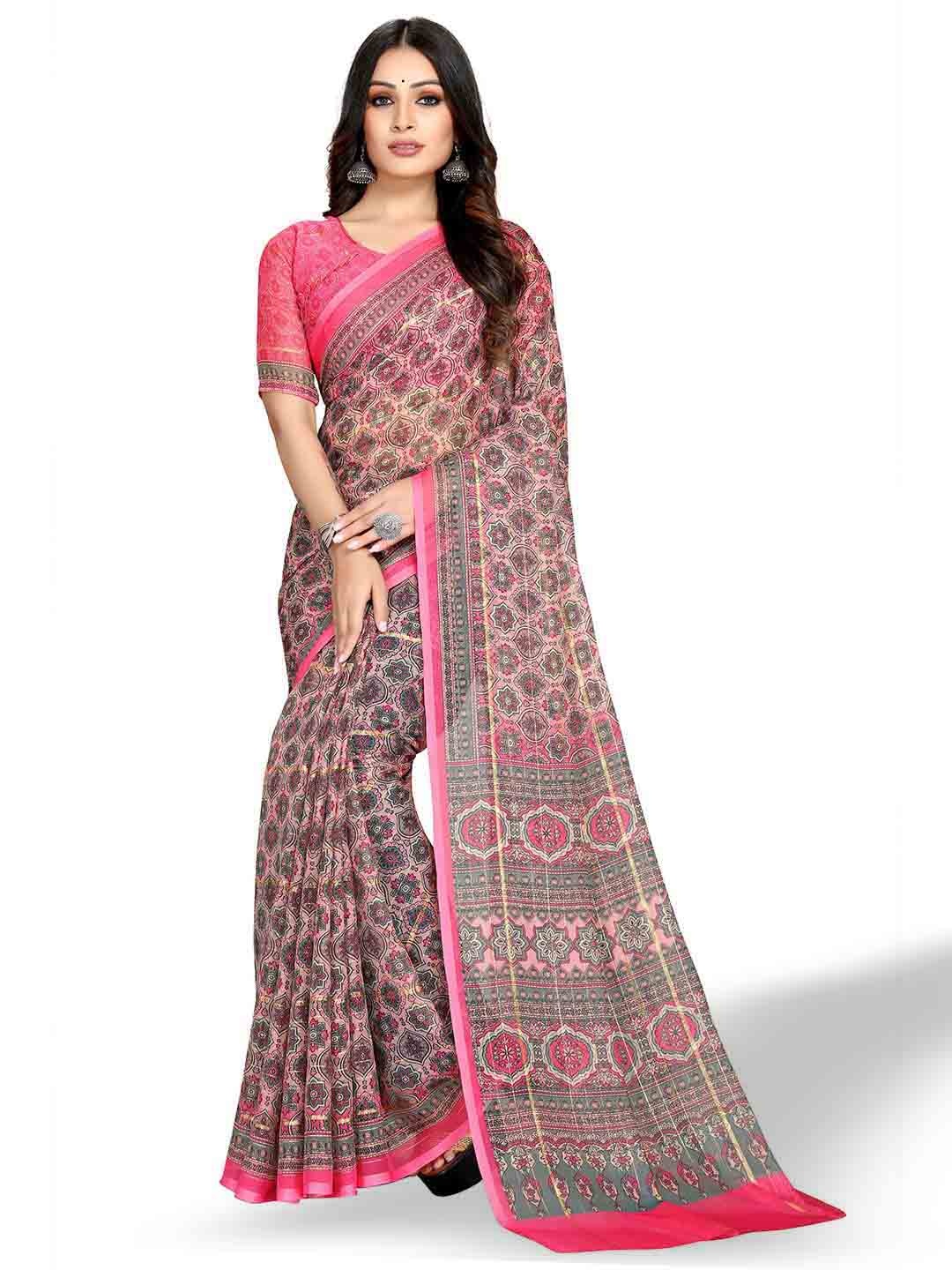 

Mitera Pink & Grey Ethnic Motifs Printed Zari Bagh Saree