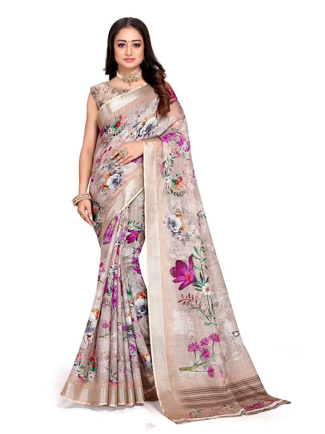 

Mitera Beige & Purple Floral Printed Zari Bagh Saree