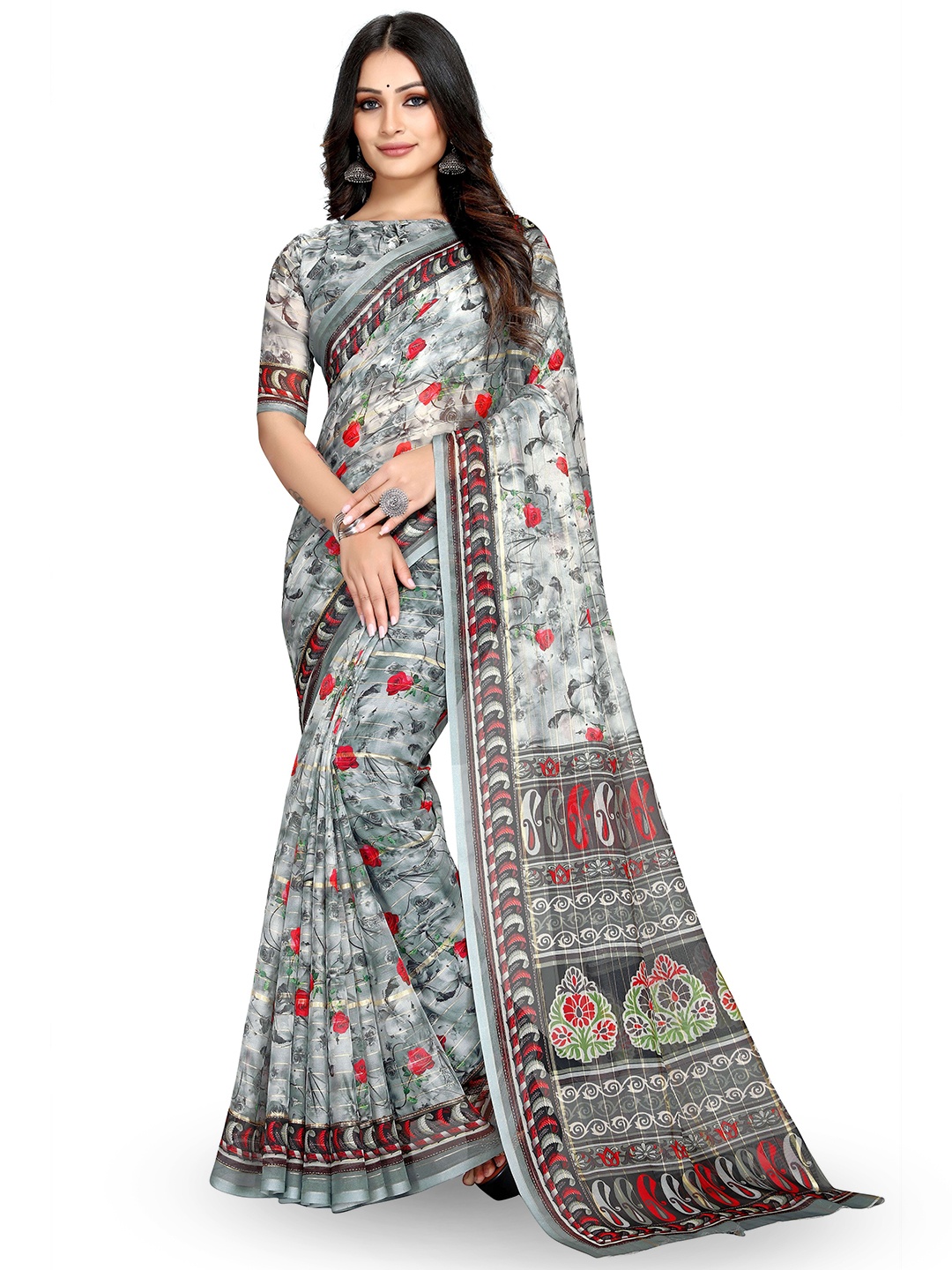 

Mitera Grey & Red Floral Printed Zari Bagh Saree