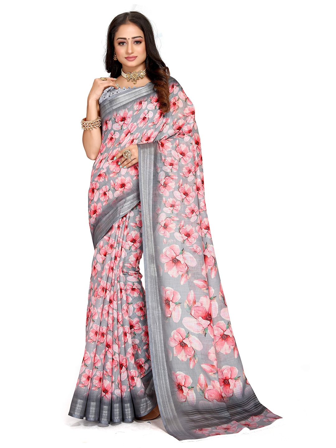 

Mitera Grey & Pink Floral Printed Zari Bagh Saree