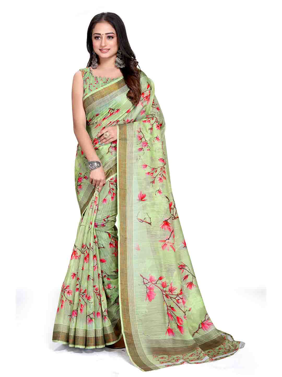 

Mitera Green & Pink Floral Printed Zari Bagh Saree