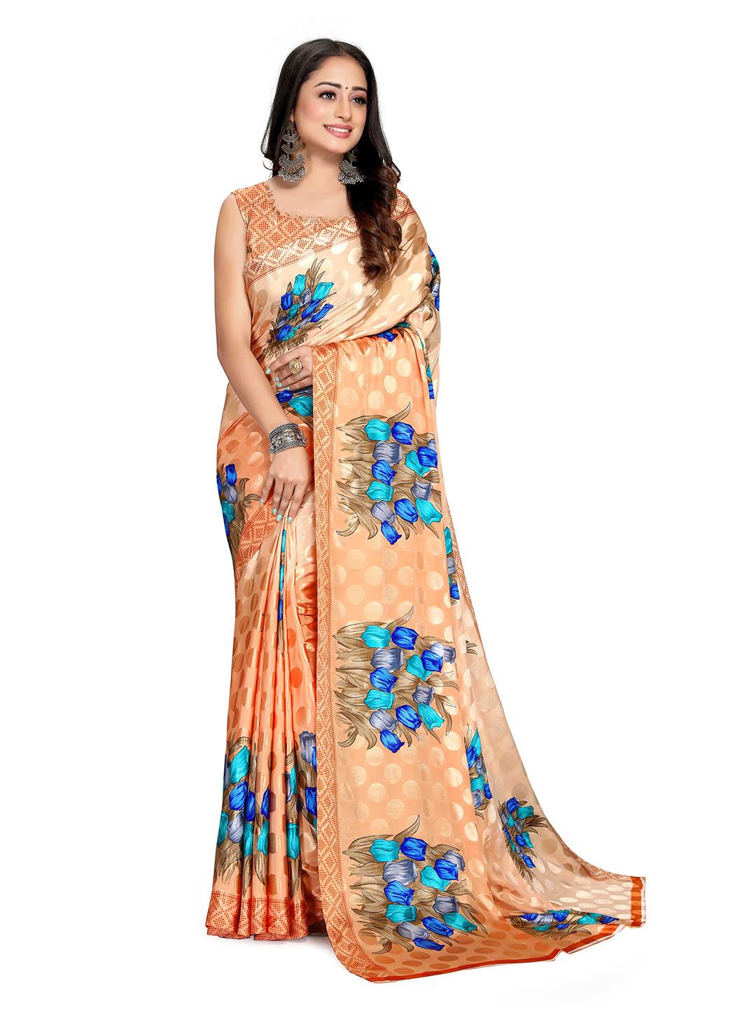 

Mitera Orange & Blue Floral Printed Bagh Saree