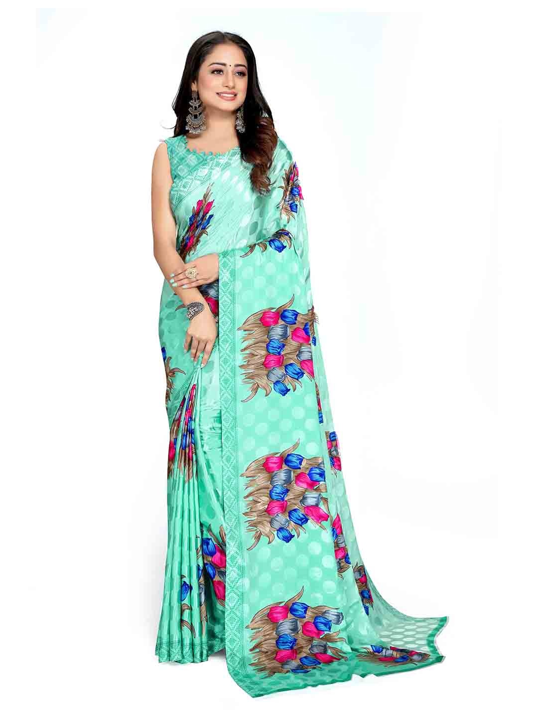 

Mitera Sea Green & Blue Floral Printed Bagh Saree