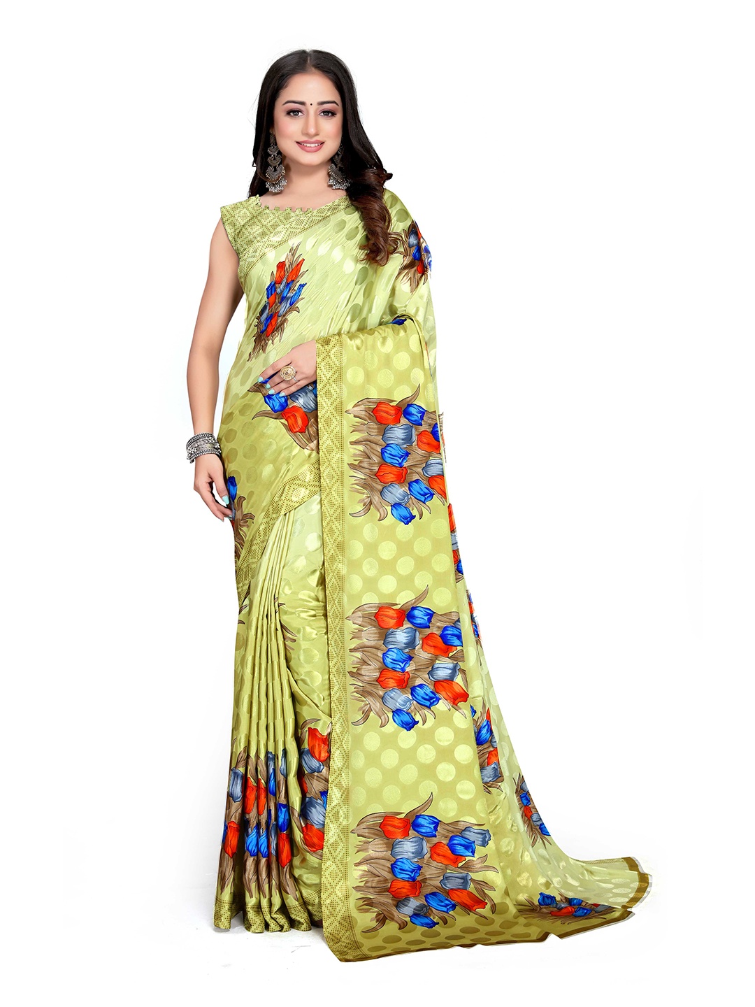 

Mitera Lime Green & Blue Floral Printed Bagh Saree